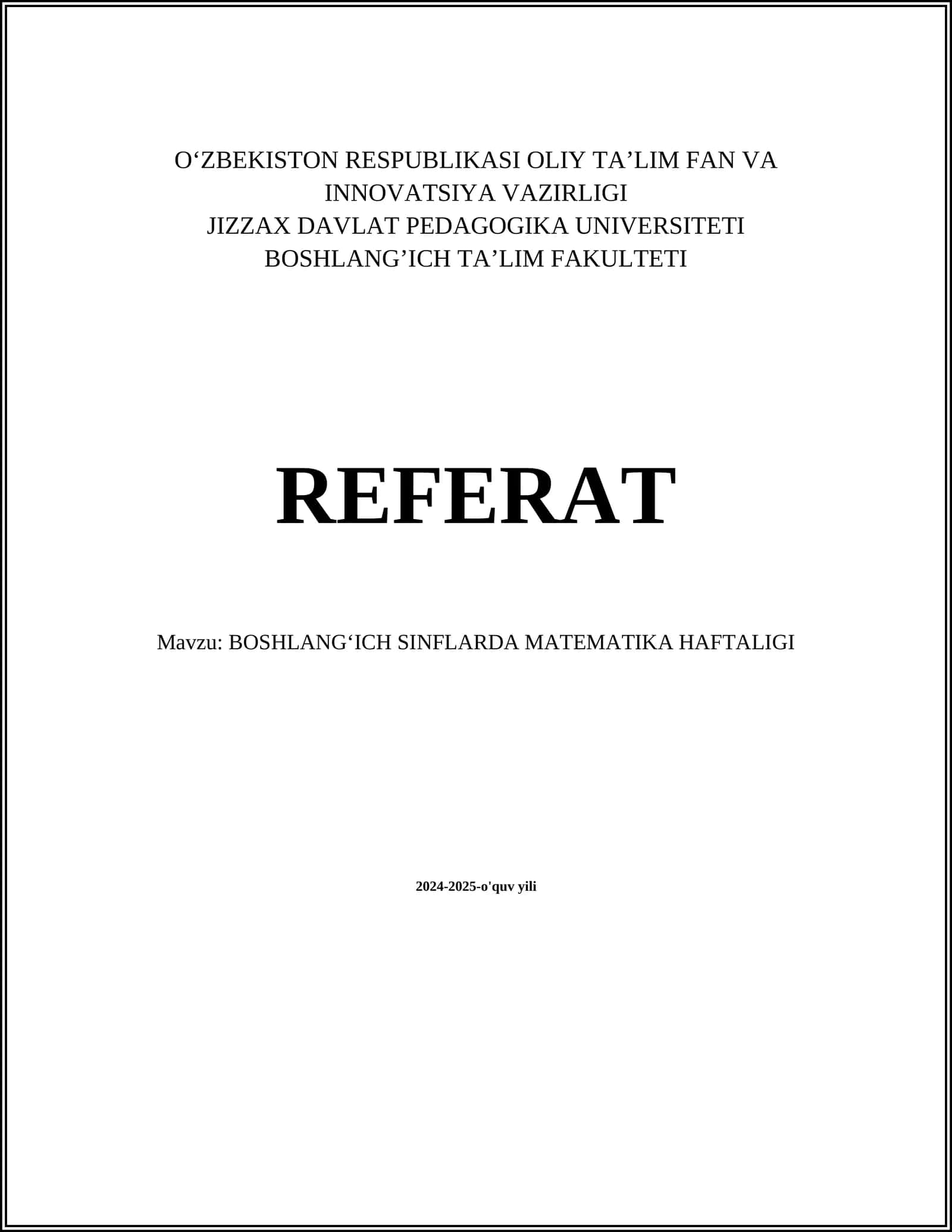 BOSHLANGʻICH SINFLARDA MATEMATIKA HAFTALIGI 1
