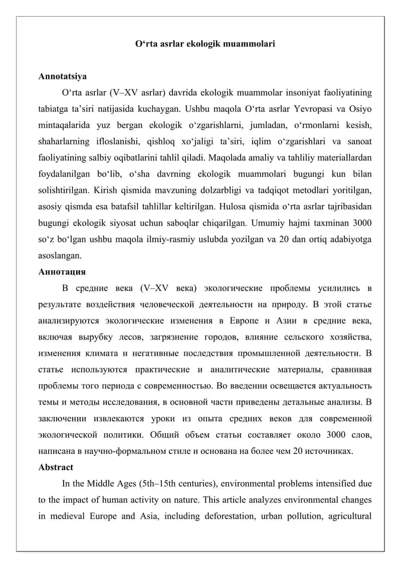 O‘rta asrlar ekologik muammolari maqola 1