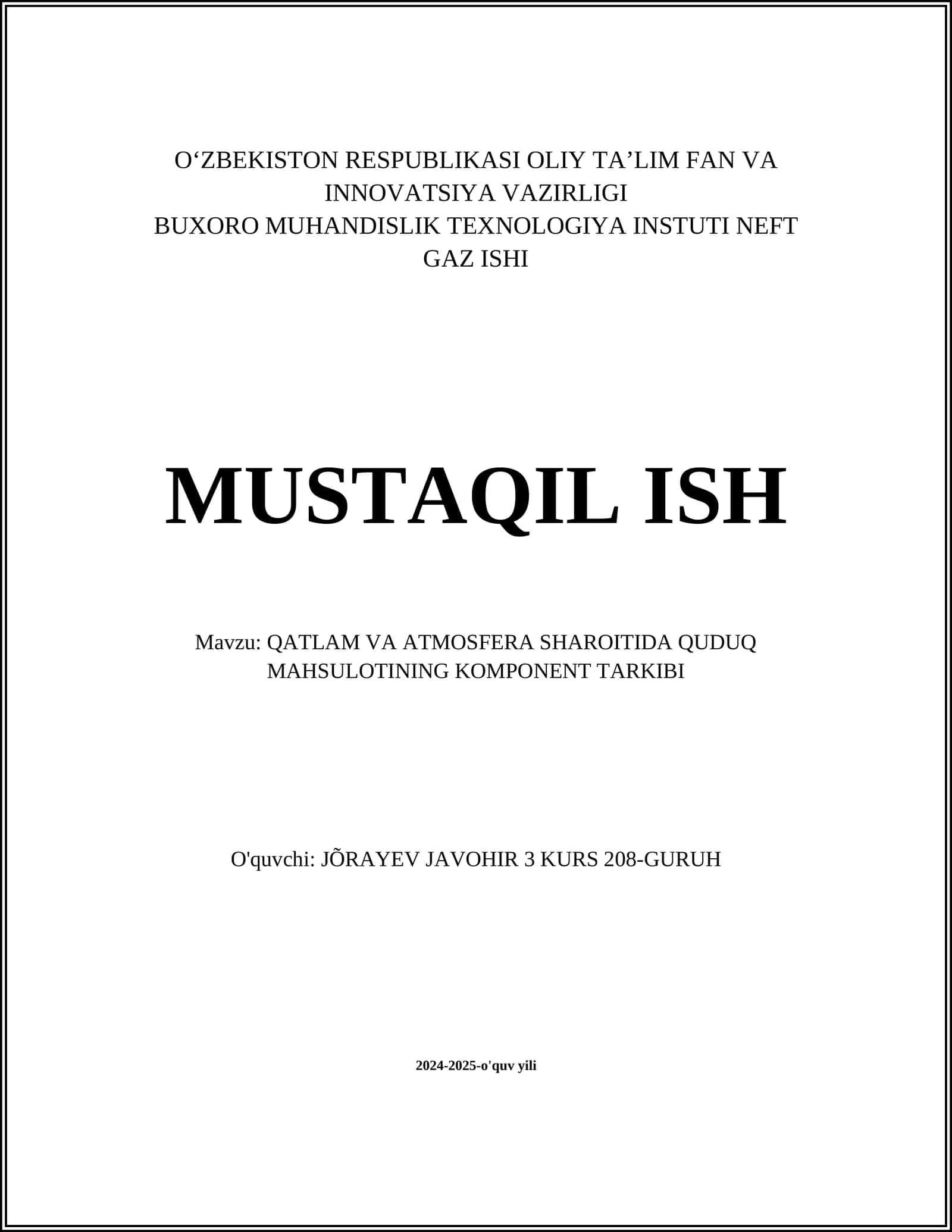 QATLAM VA ATMOSFERA SHAROITIDA QUDUQ MAHSULOTINING KOMPONENT TARKIBI 1