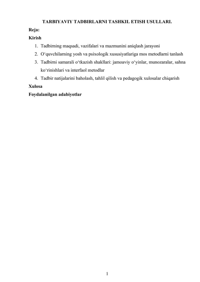 TARBIYAVIY TADBIRLARNI TASHKIL ETISH USULLARI 1