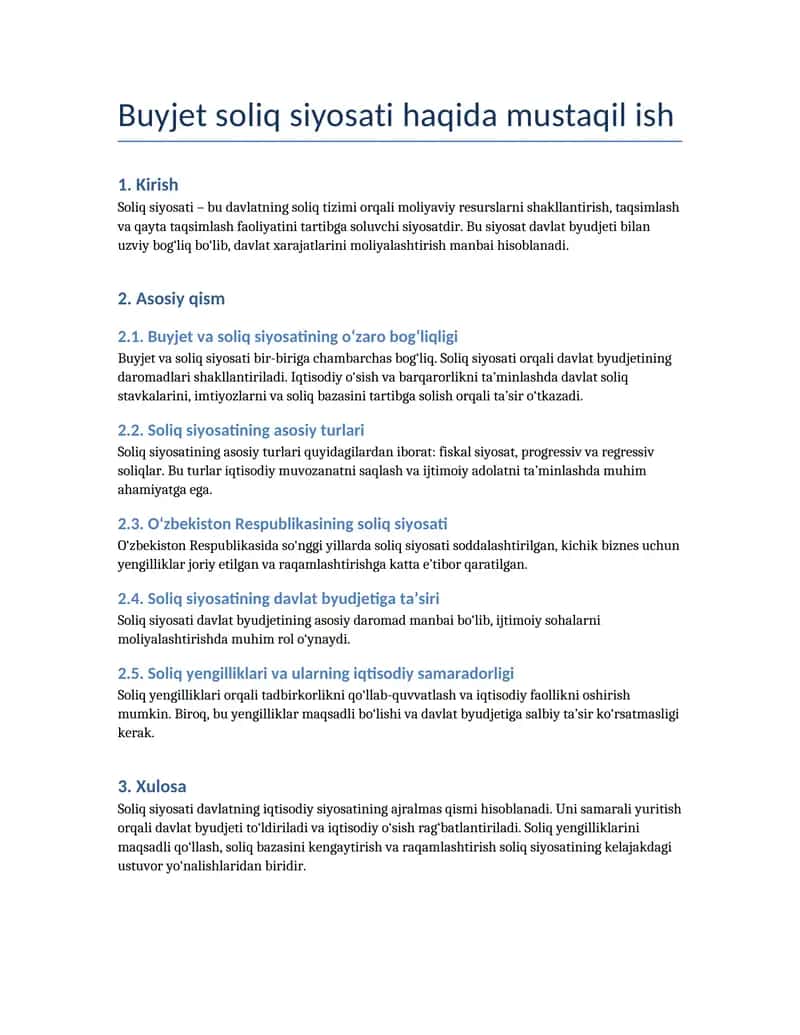 Buyjet soliq siyosati haqida mustaqil ish 1