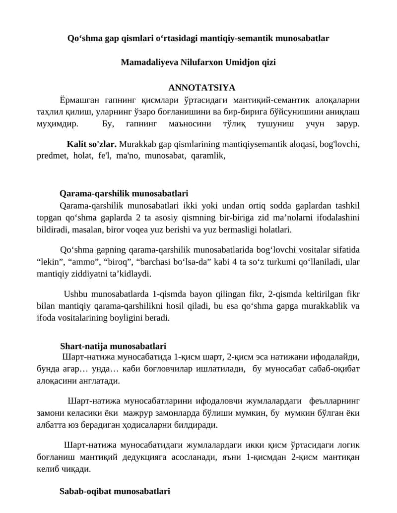 Qoʻshma gap qismlari oʻrtasidagi mantiqiy-semantik munosabatlar 1