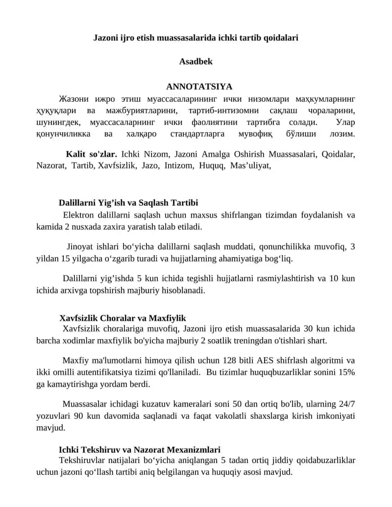 Jazoni ijro etish muassasalarida ichki tartib qoidalari 1