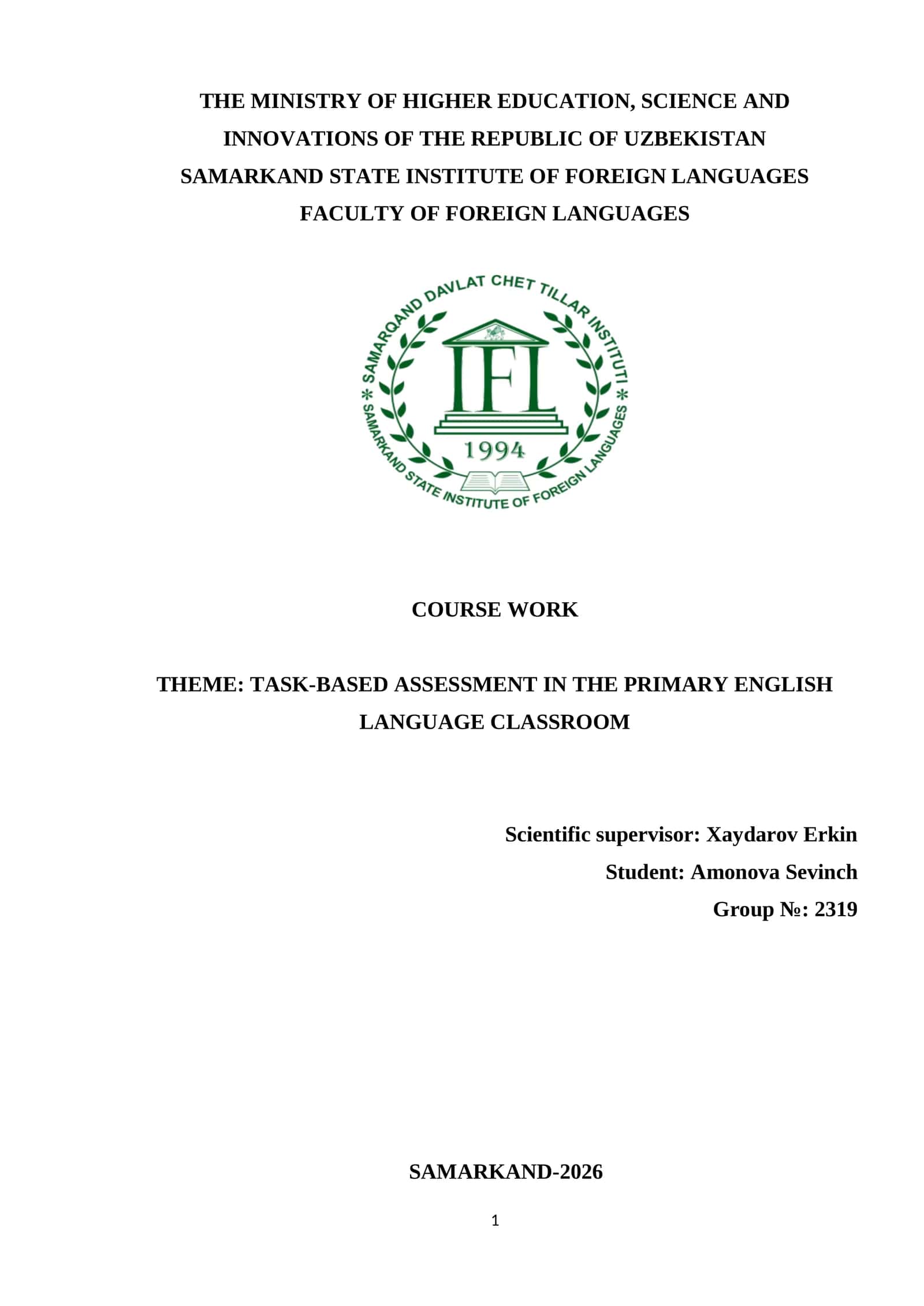 THEME: TASK-BASED ASSESSMENT IN THE PRIMARY ENGLISH LANGUAGE CLASSROOM 1