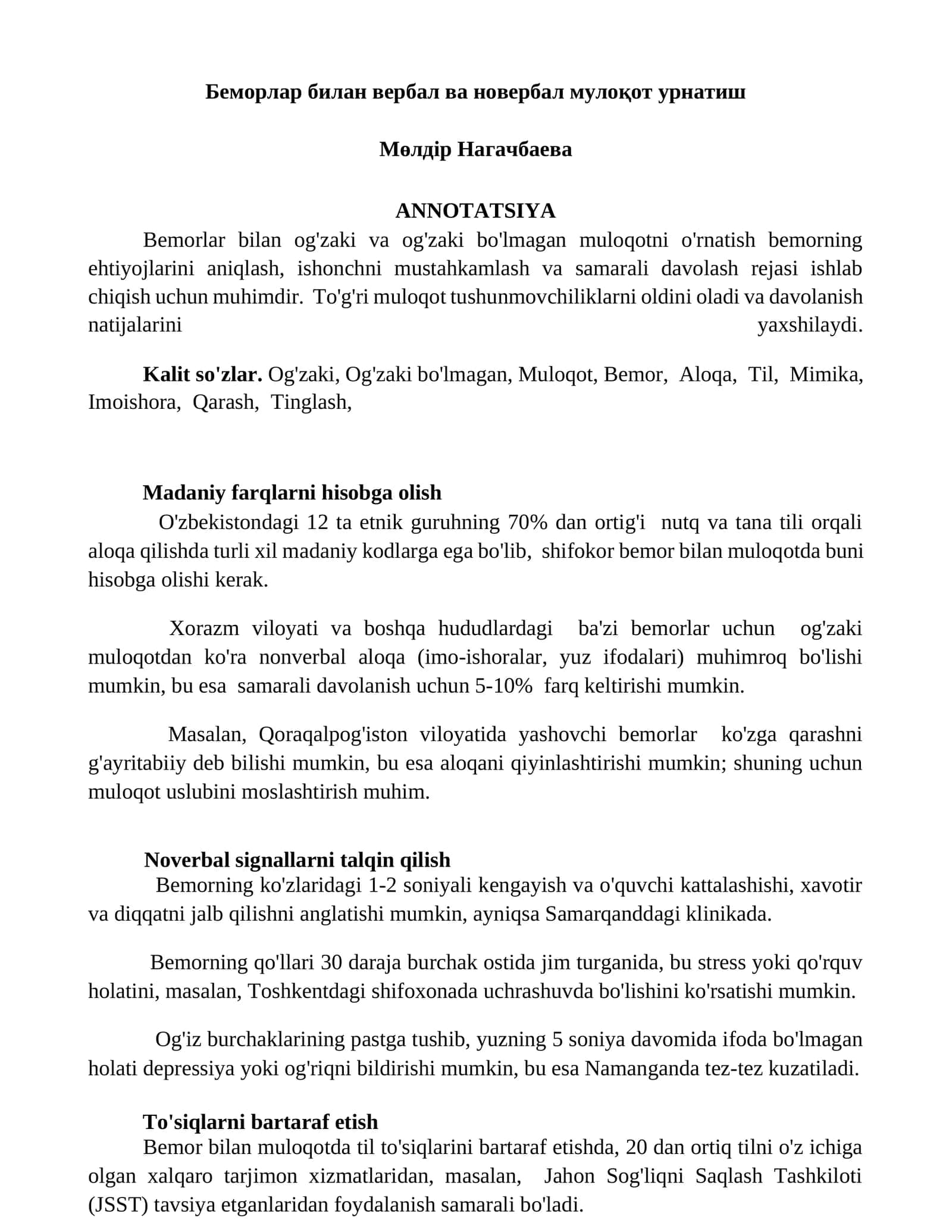 Bemorlar bilan verba va noverbal muloqot urnatish 1