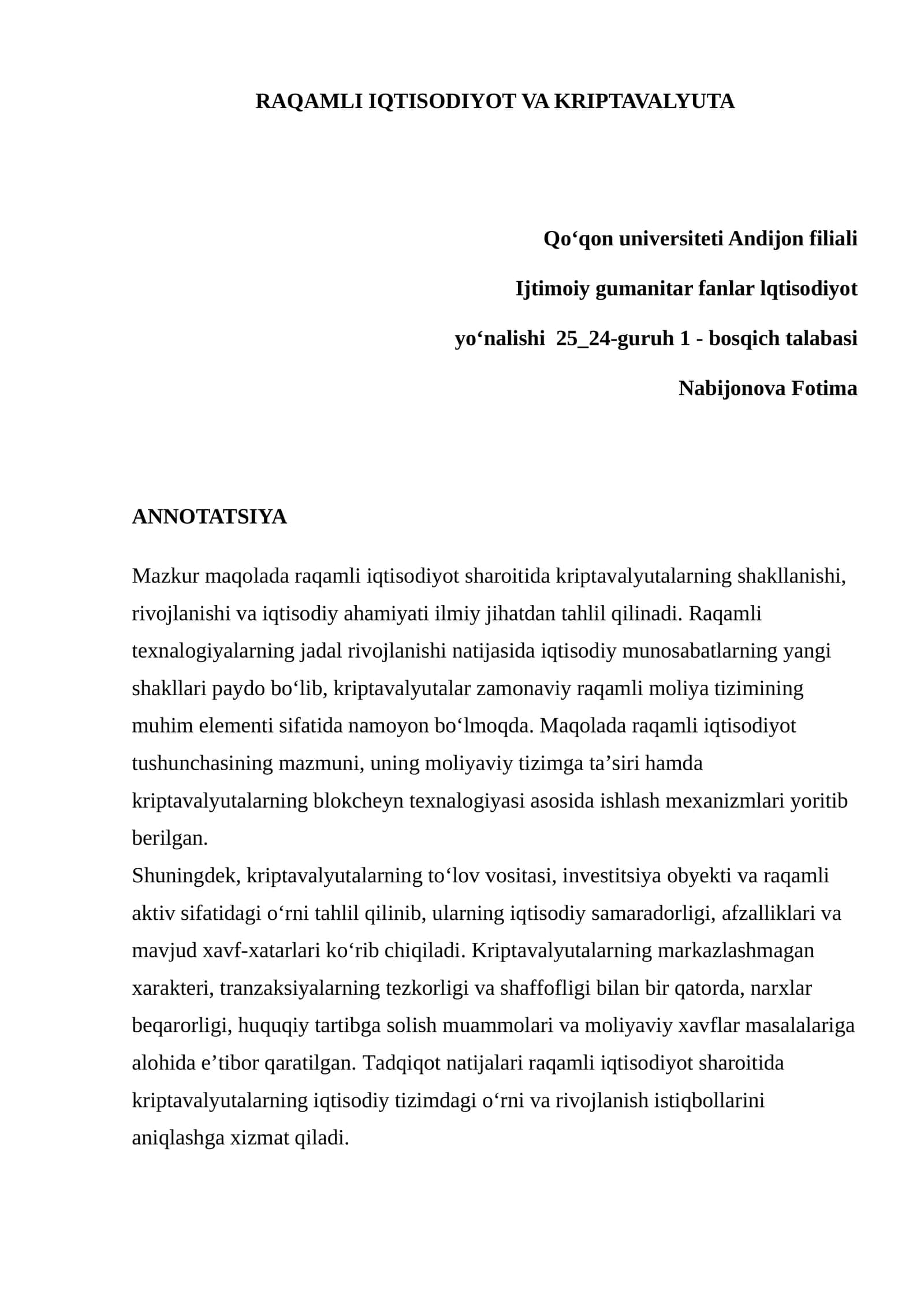 RAQAMLI IQTISODIYOT VA KRIPTAVALYUTA 1