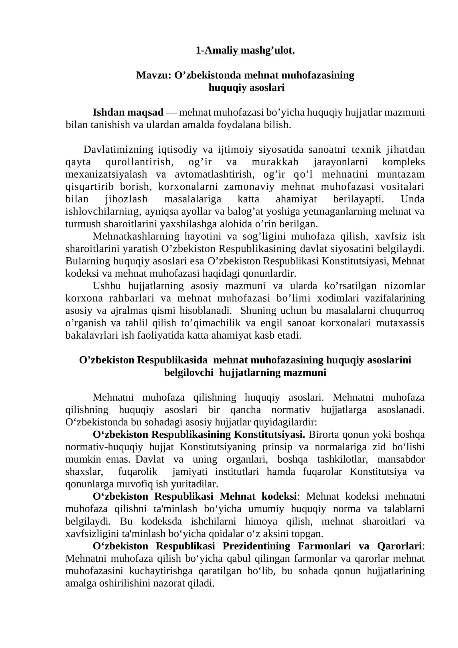 O’zbekistonda mehnat muhofazasining  huquqiy asoslari 1