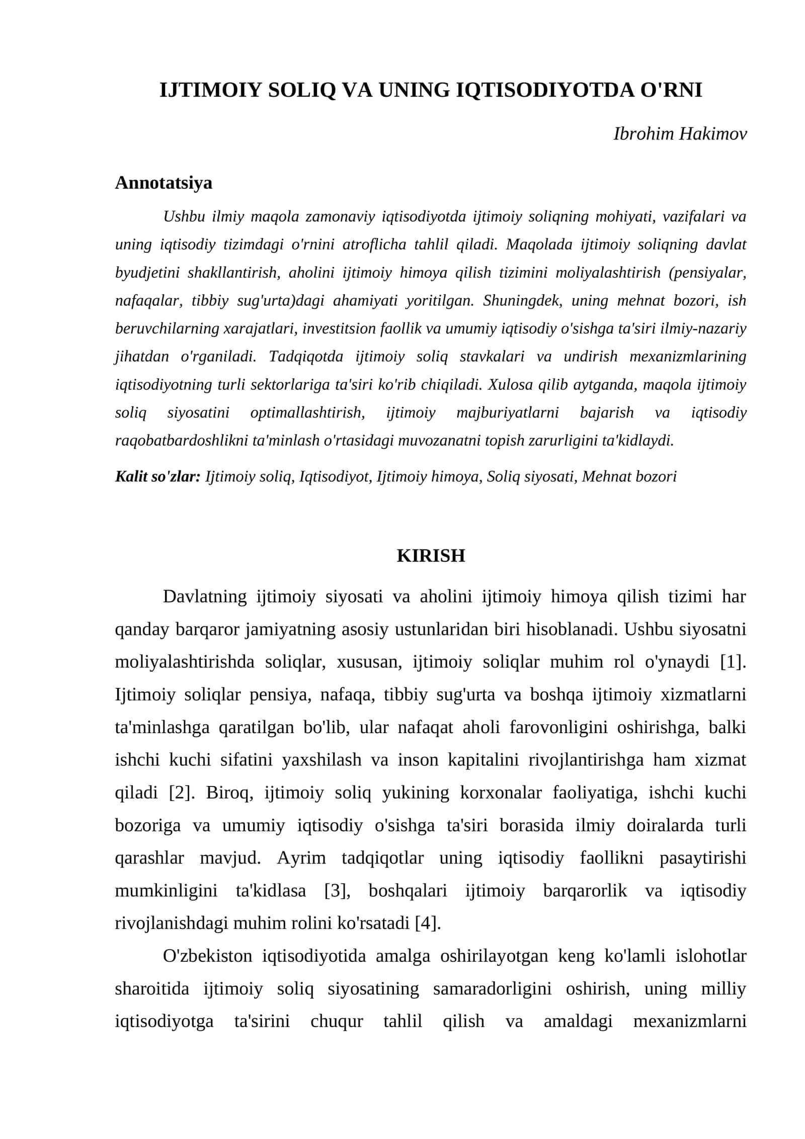 IJTIMOIY SOLIQ VA UNING IQTISODIYOTDA O'RNI 1