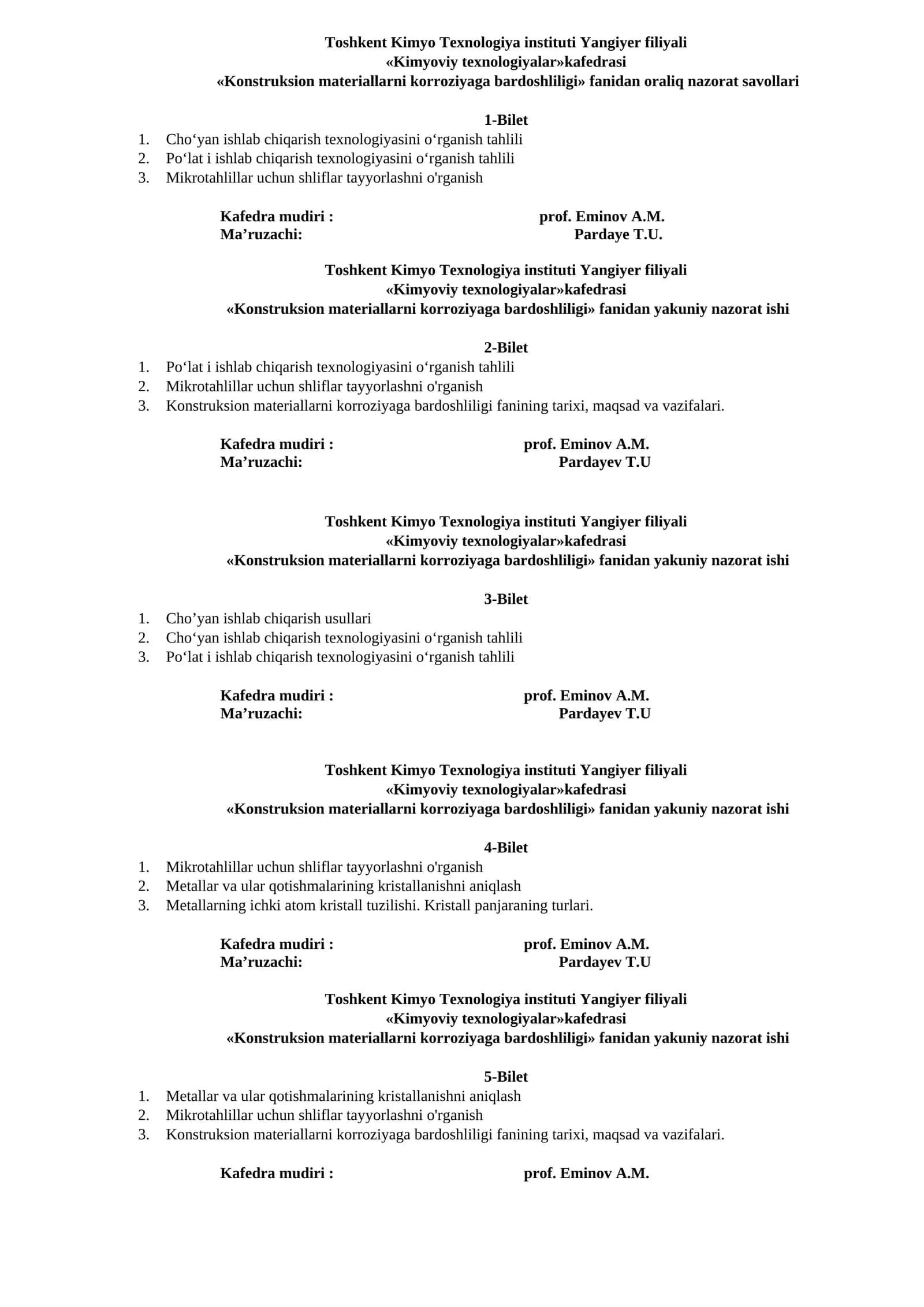 Konstruksion materiallarni korroziyaga bardoshliligi fanidan oraliq nazorat savollari 1