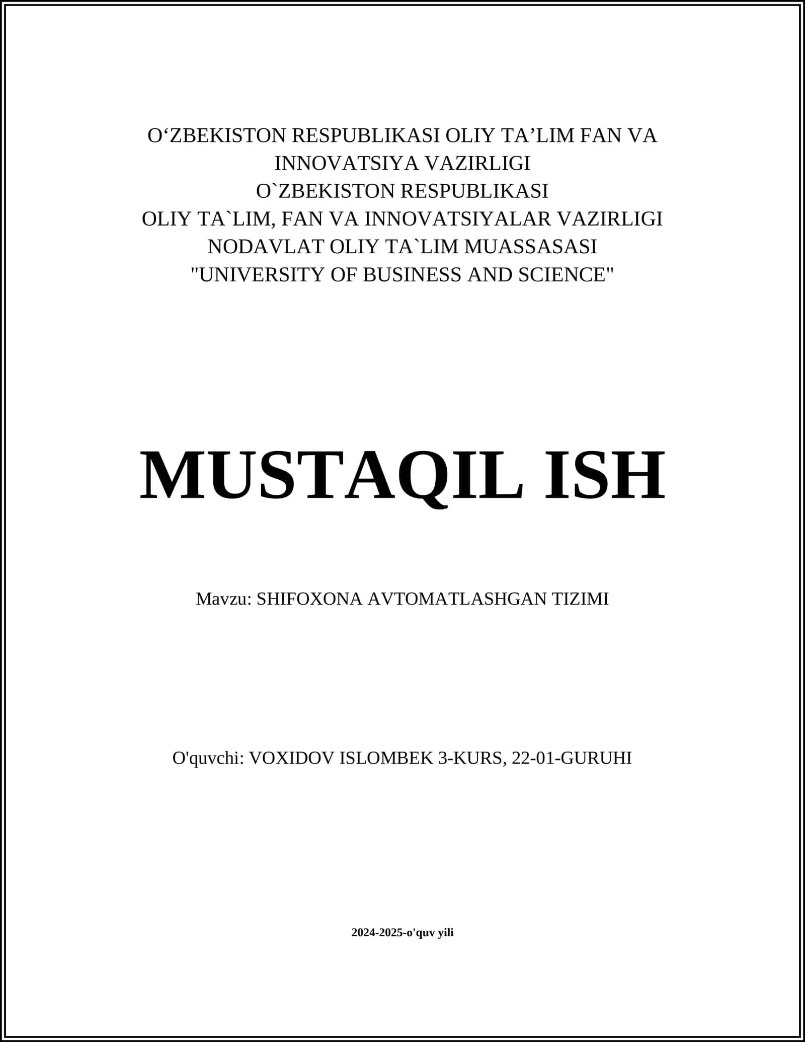 SHIFOXONA AVTOMATLASHGAN TIZIMI 1