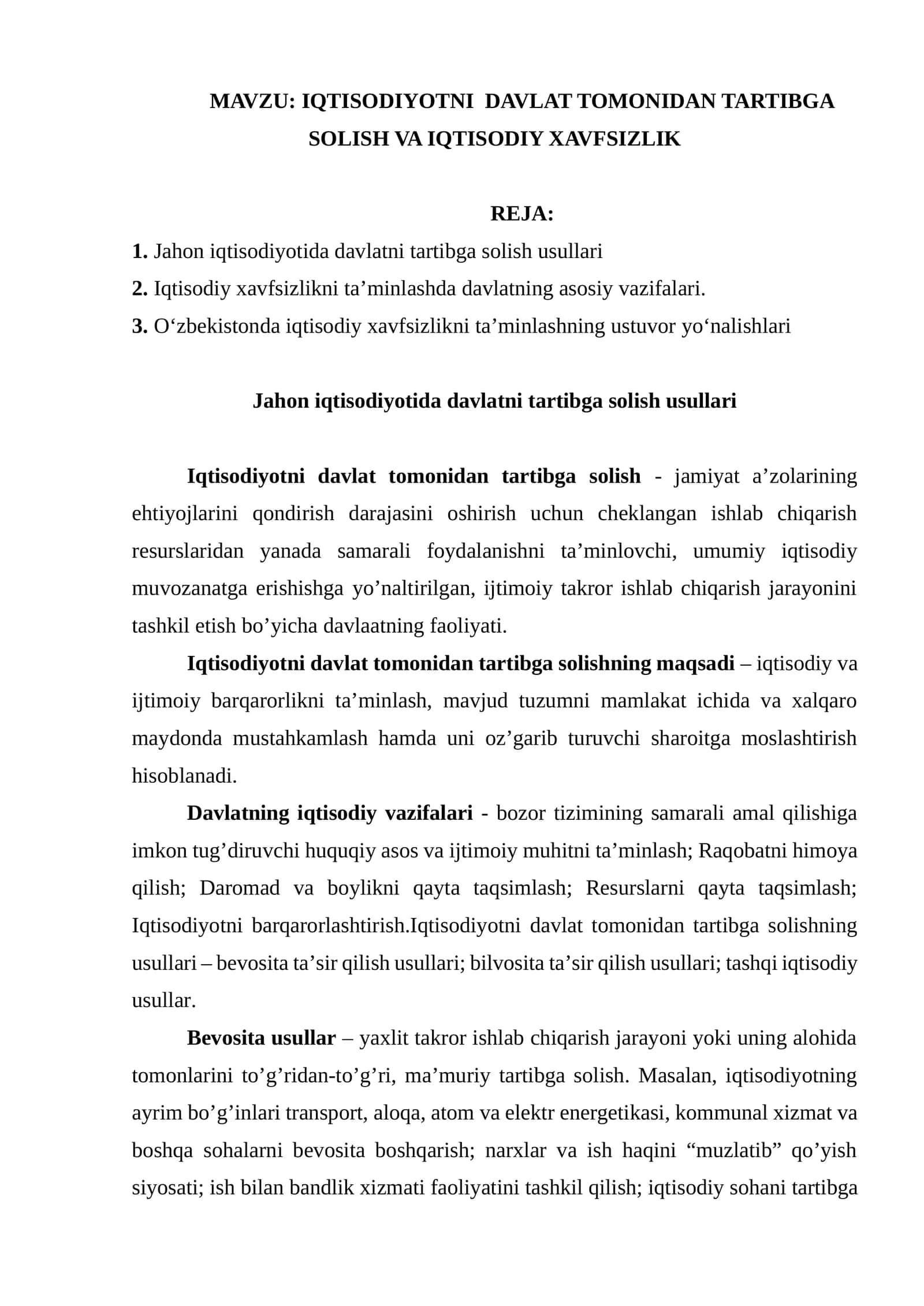 IQTISODIYOTNI DAVLAT TOMONIDAN TARTIBGA SOLISH VA IQTISODIY XAVFSIZLIK 1