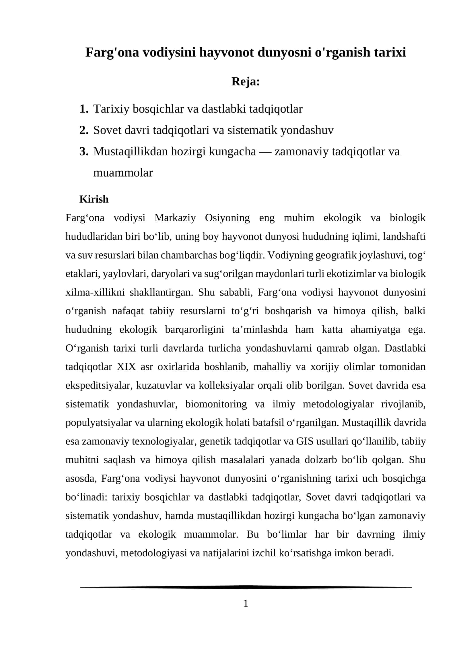 Farg'ona vodiysini hayvonot dunyosni o'rganish tarixi 1