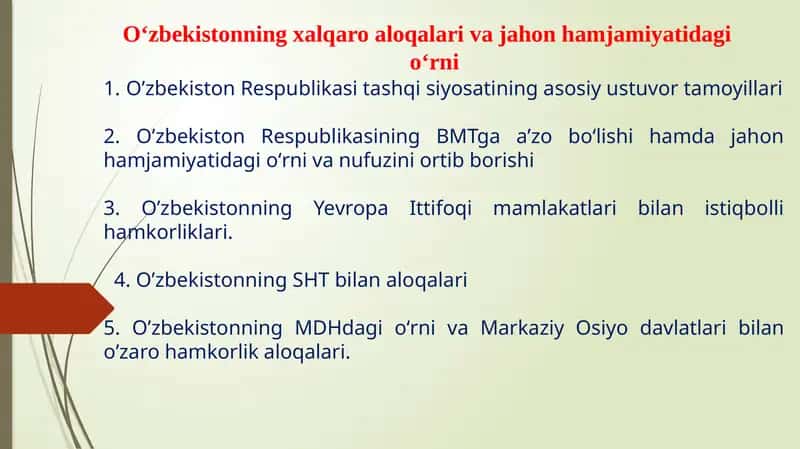 O‘zbekistonning xalqaro aloqalari va jahon hamjamiyatidagi o‘rni 1