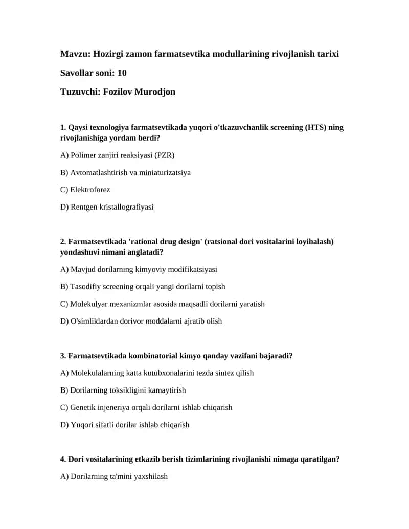 Hozirgi zamon farmatsevtika modullarining rivojlanish tarixi 1