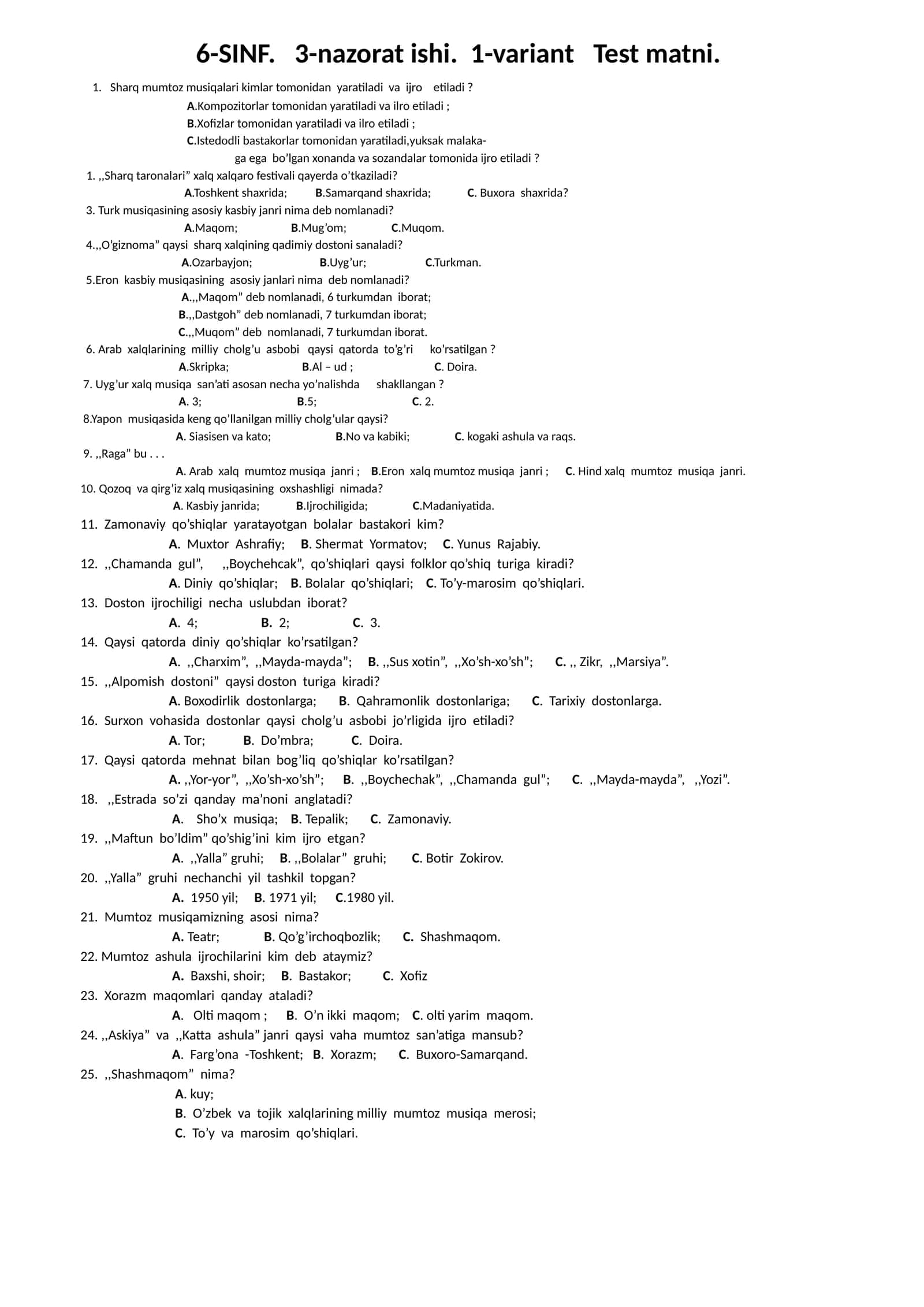 6-SINF. 3-nazorat ishi. 1-variant Test matni 1