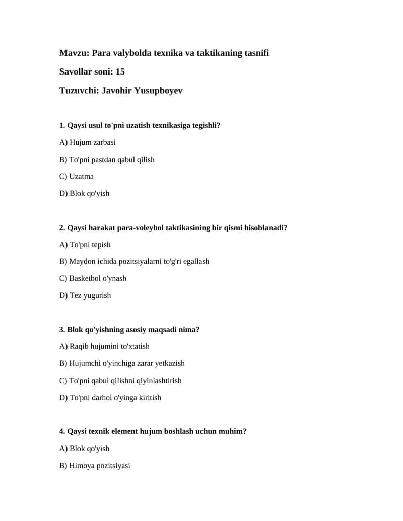 Para valybolda texnika va taktikaning tasnifi 1