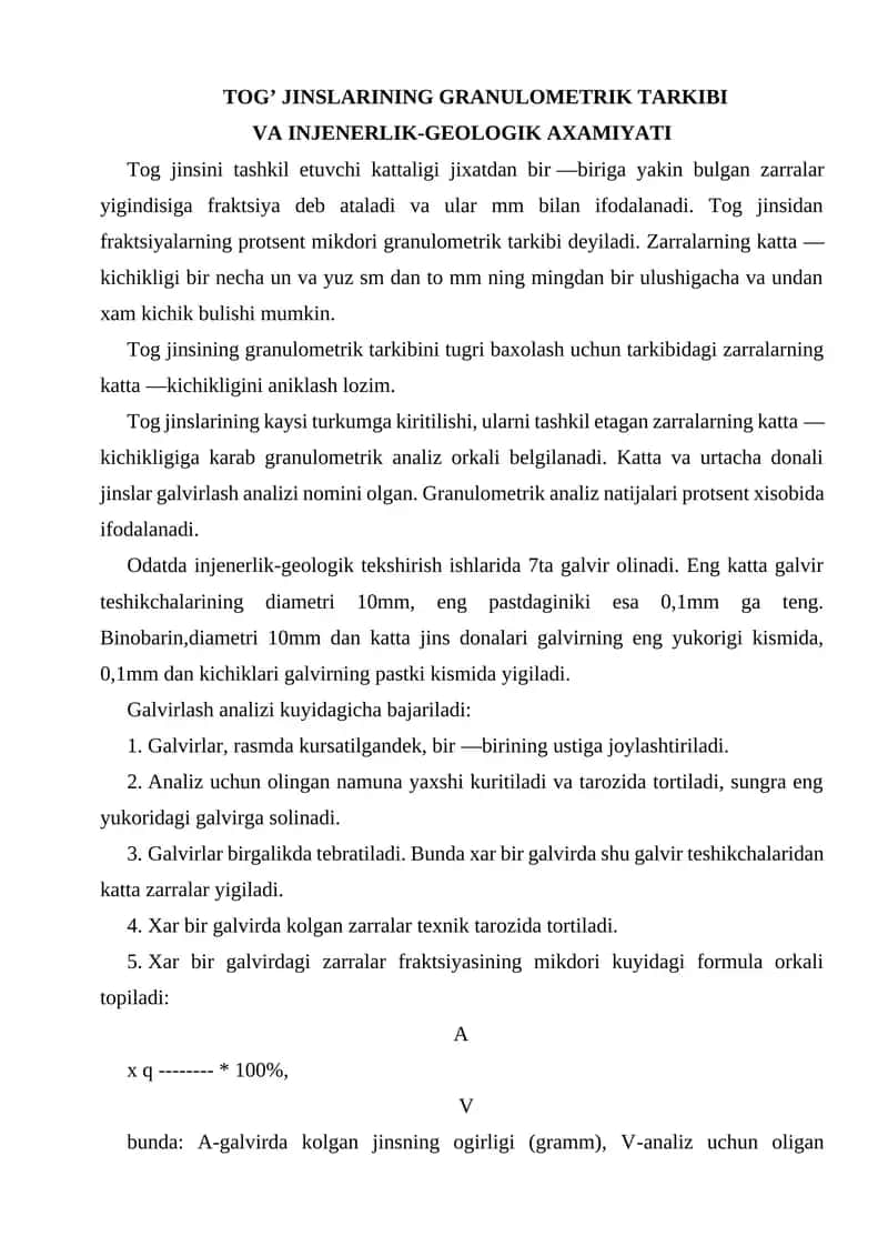 Tog’ jinslarining granulometrik tarkibi va injenerlik-geologik axamiyati 1