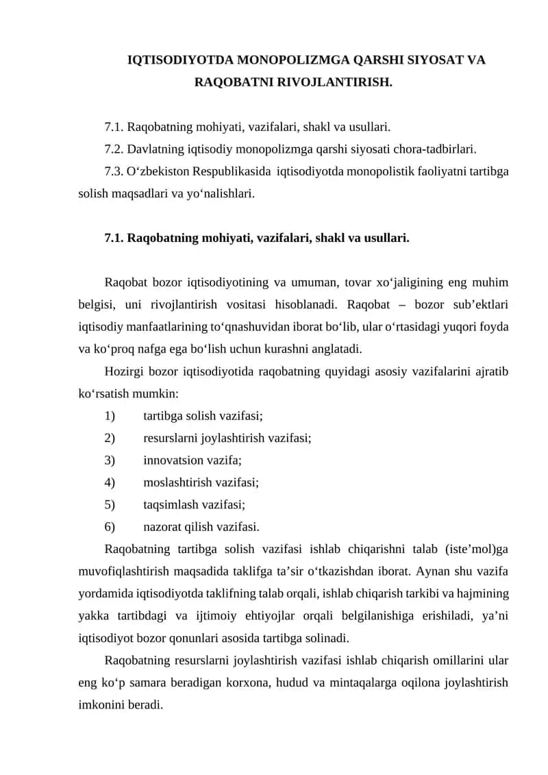 IQTISODIYOTDA MONOPOLIZMGA QARSHI SIYOSAT VA RAQOBATNI RIVOJLANTIRISH 1