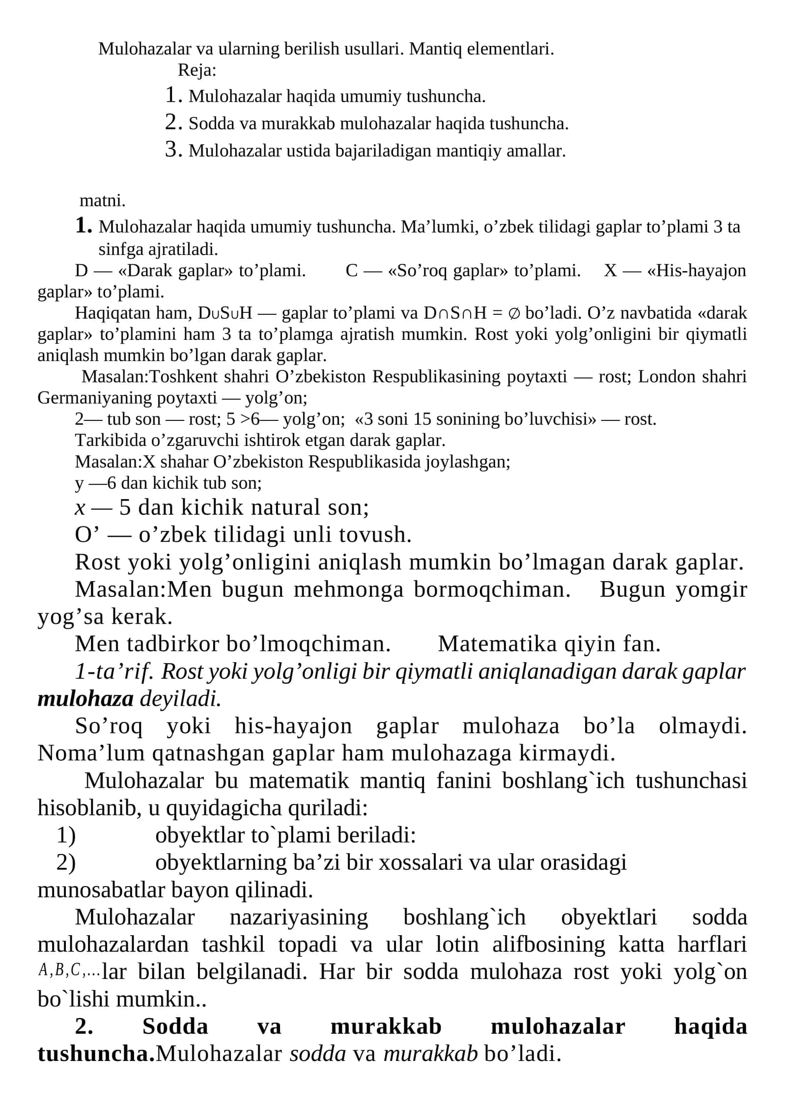 Mulohazalar va ularning berilish usullari. Mantiq elementlari 1
