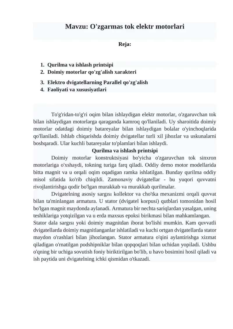 O'zgarmas tok elektr motorlari 1