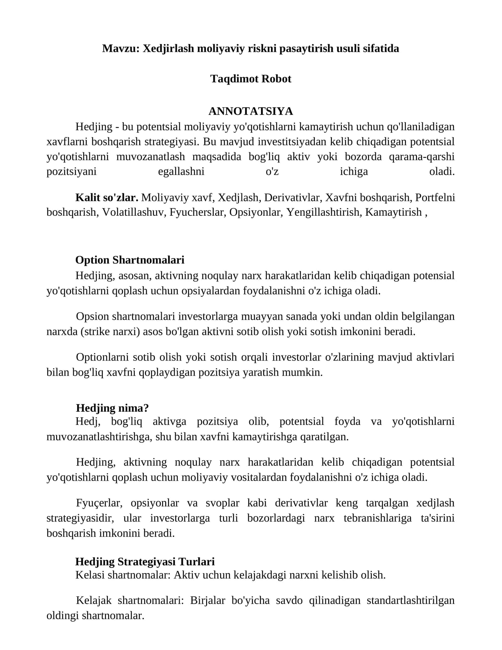 Xedjirlash moliyaviy riskni pasaytirish usuli sifatida 1