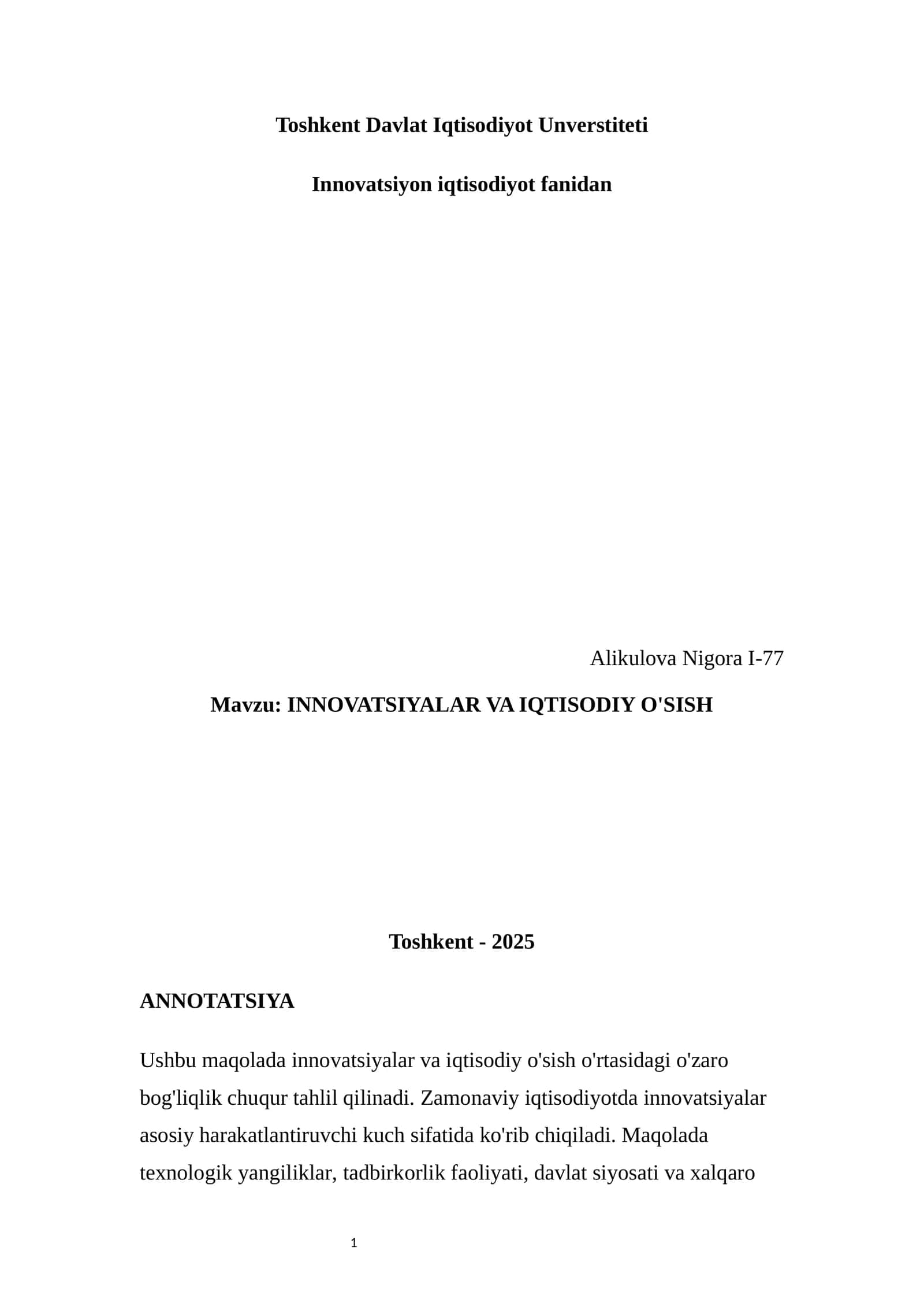 INNOVATSIYALAR VA IQTISODIY O'SISH 1