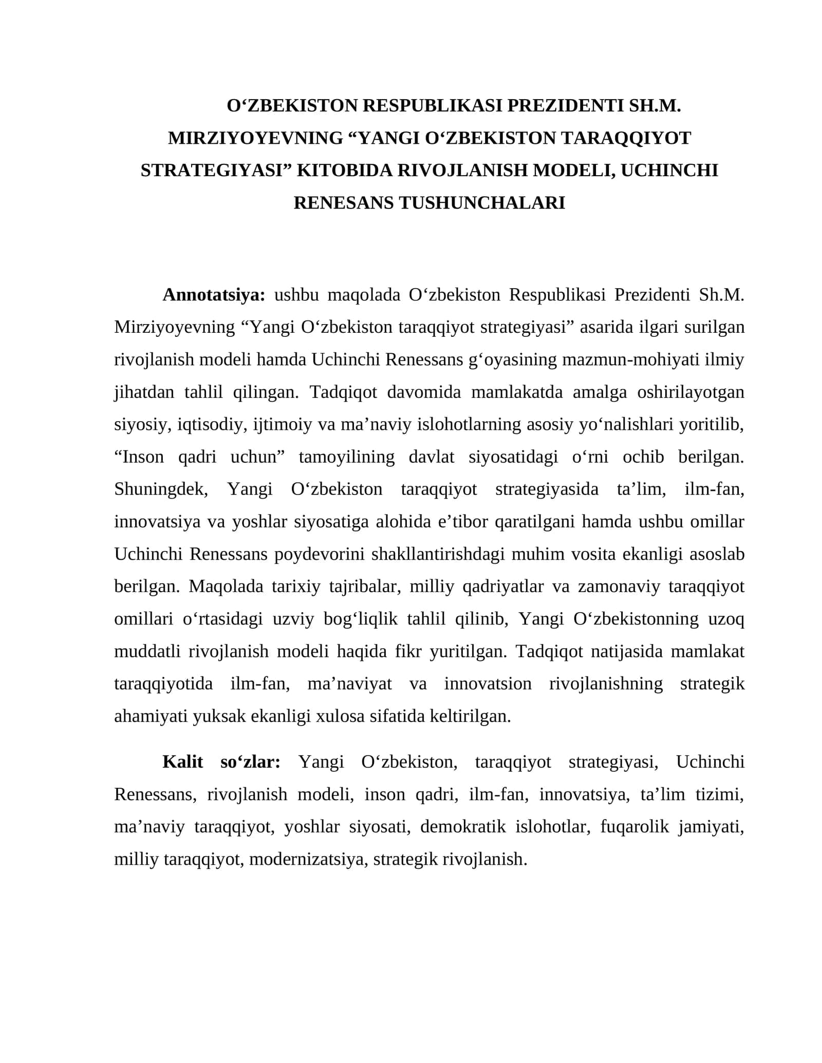 “YANGI O‘ZBEKISTON TARAQQIYOT STRATEGIYASI” KITOBIDA RIVOJLANISH MODELI, UCHINCHI RENESANS TUSHUNCHALARI 1