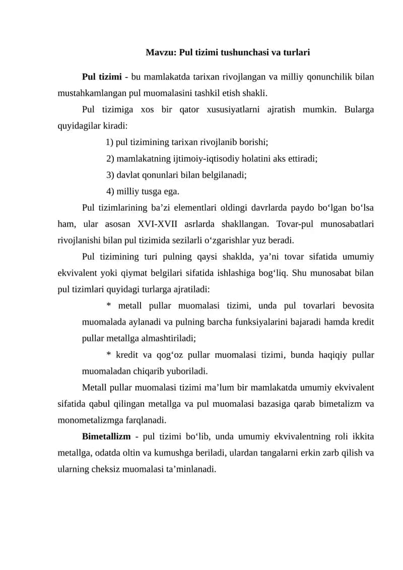 Pul tizimi tushunchasi va turlari 1