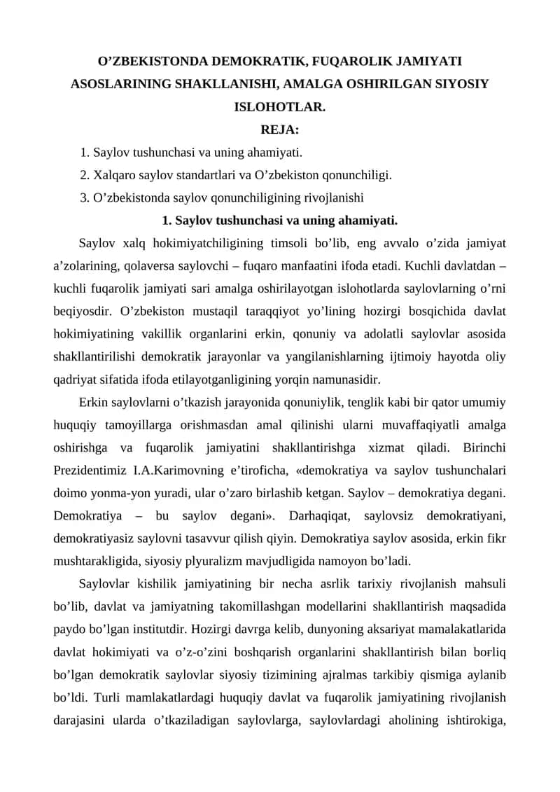 O’ZBEKISTONDА DEMOKRАTIK, FUQАROLIK JАMIYATI АSOSLАRINING SHАKLLАNISHI, АMАLGА OSHIRILGАN SIYOSIY ISLOHOTLАR. 1