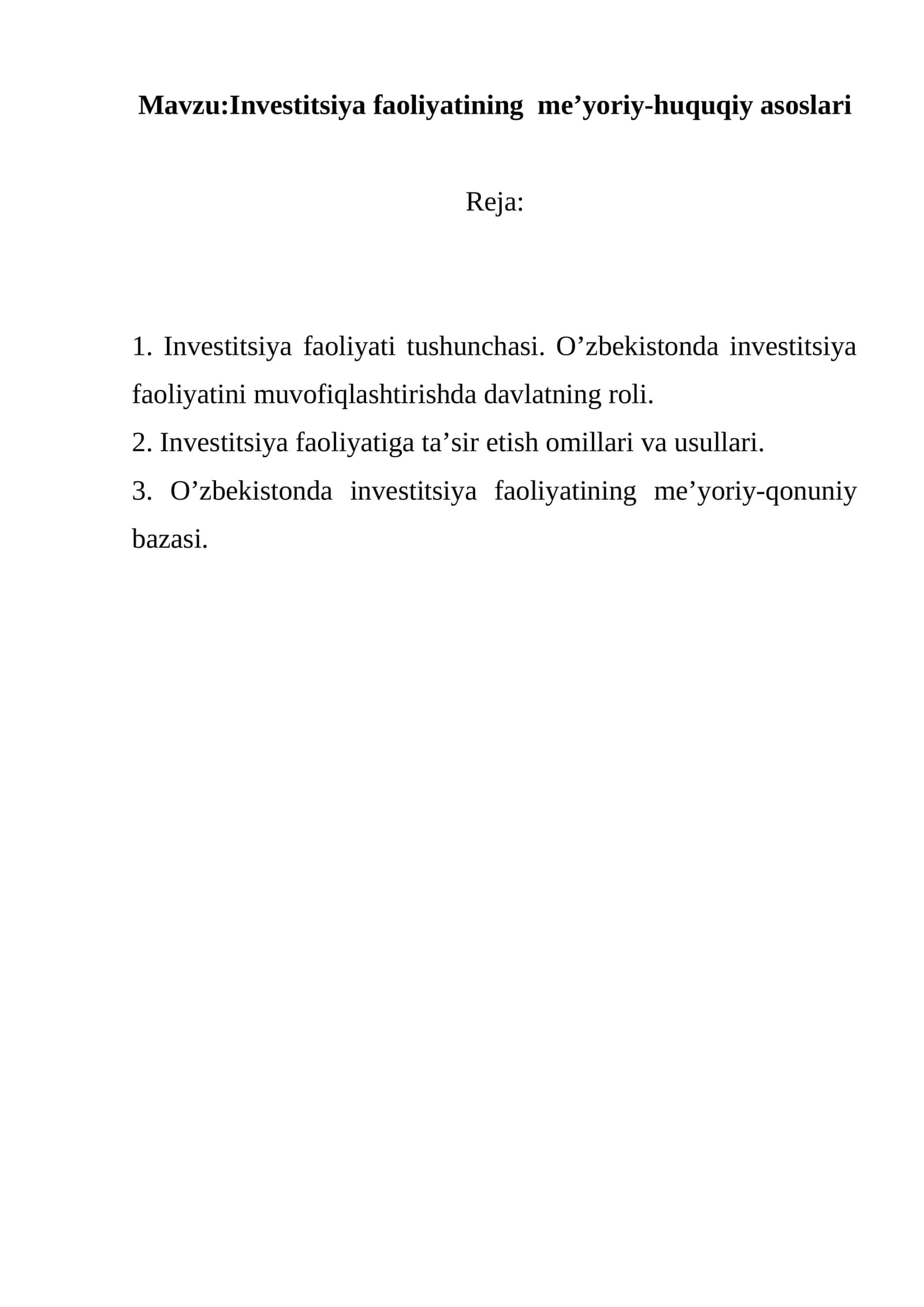 Investitsiya faoliyatining me’yoriy-huquqiy asoslari 1