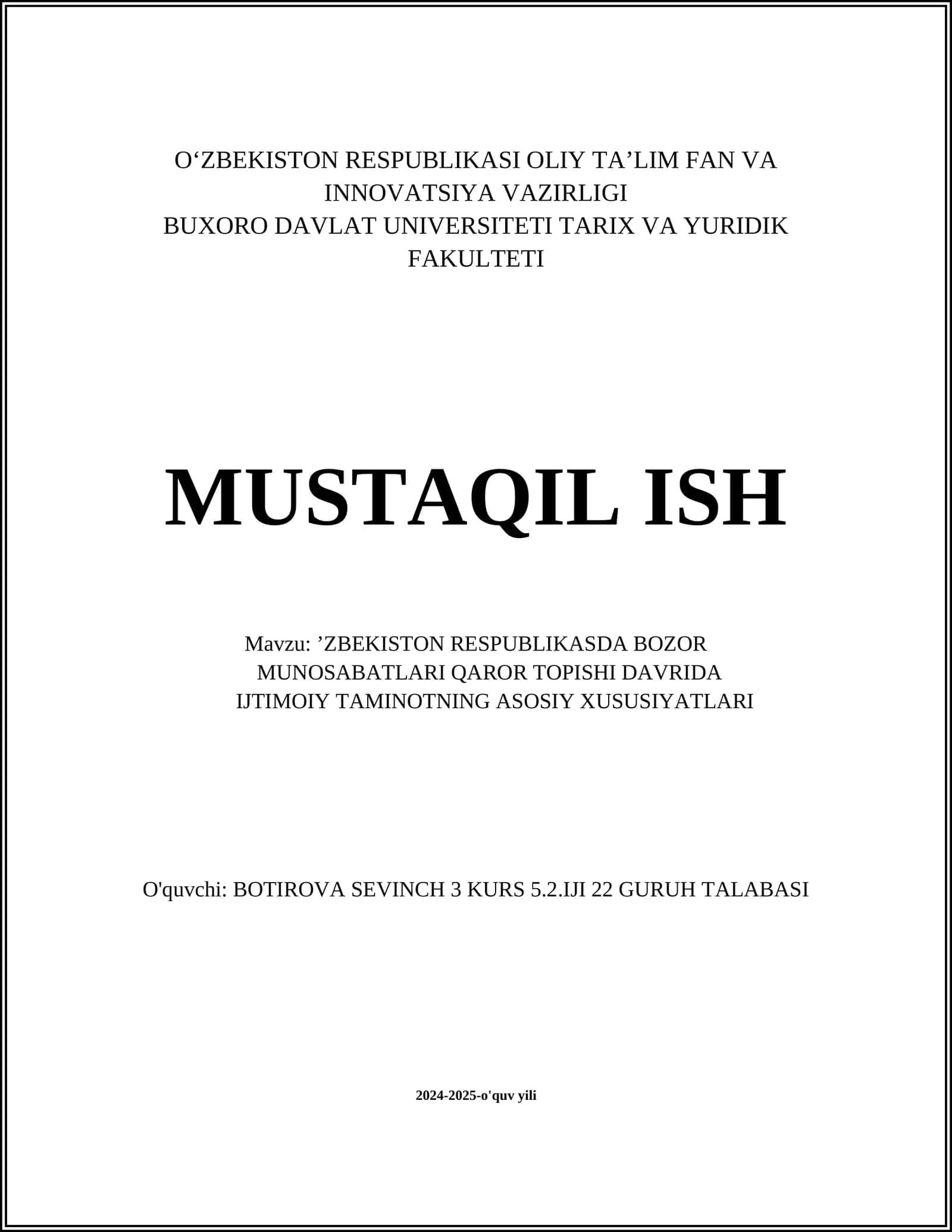 ’ZBEKISTON RESPUBLIKASDA BOZOR MUNOSABATLARI QAROR TOPISHI DAVRIDA IJTIMOIY TAMINOTNING ASOSIY XUSUSIYATLARI 1