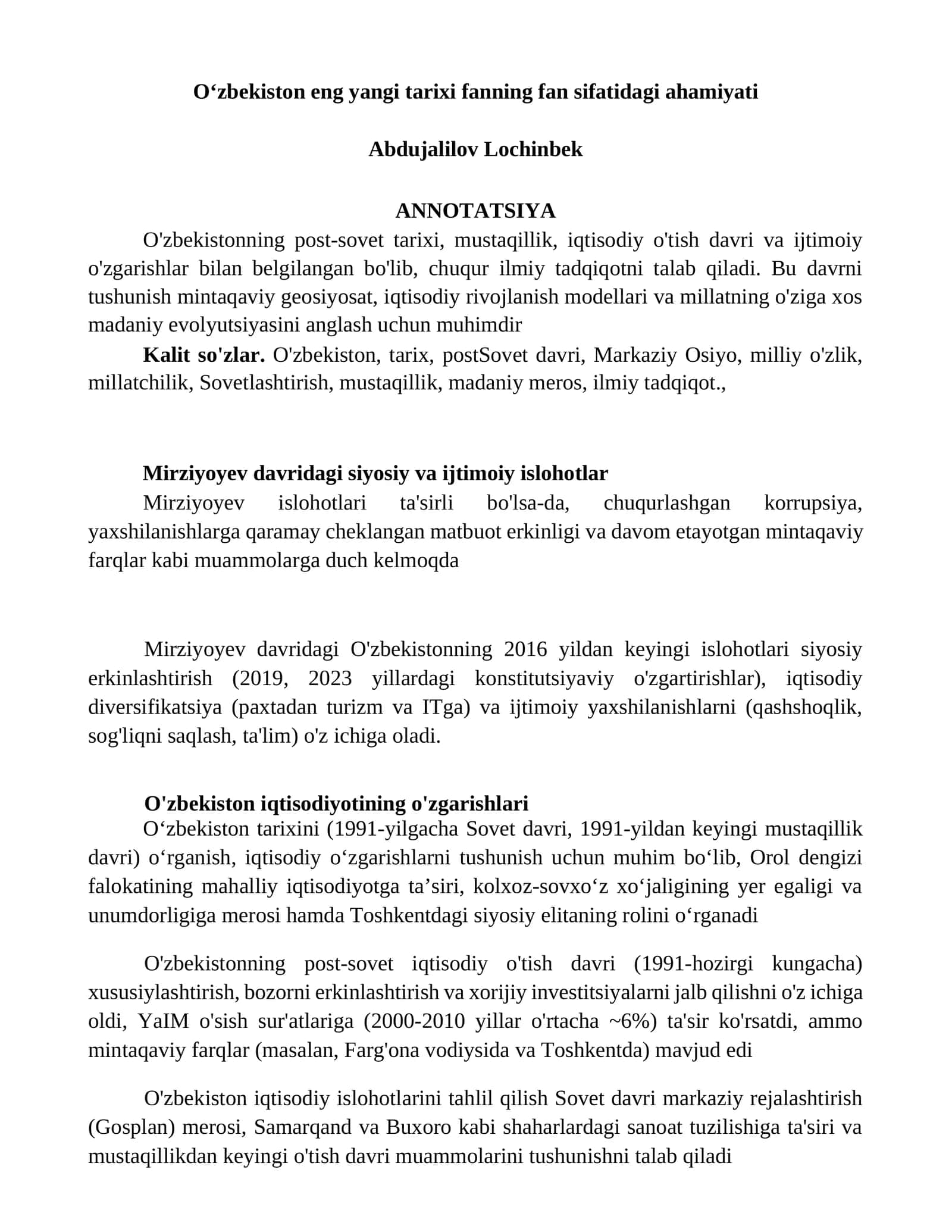 Oʻzbekiston eng yangi tarixi fanning fan sifatidagi ahamiyati 1