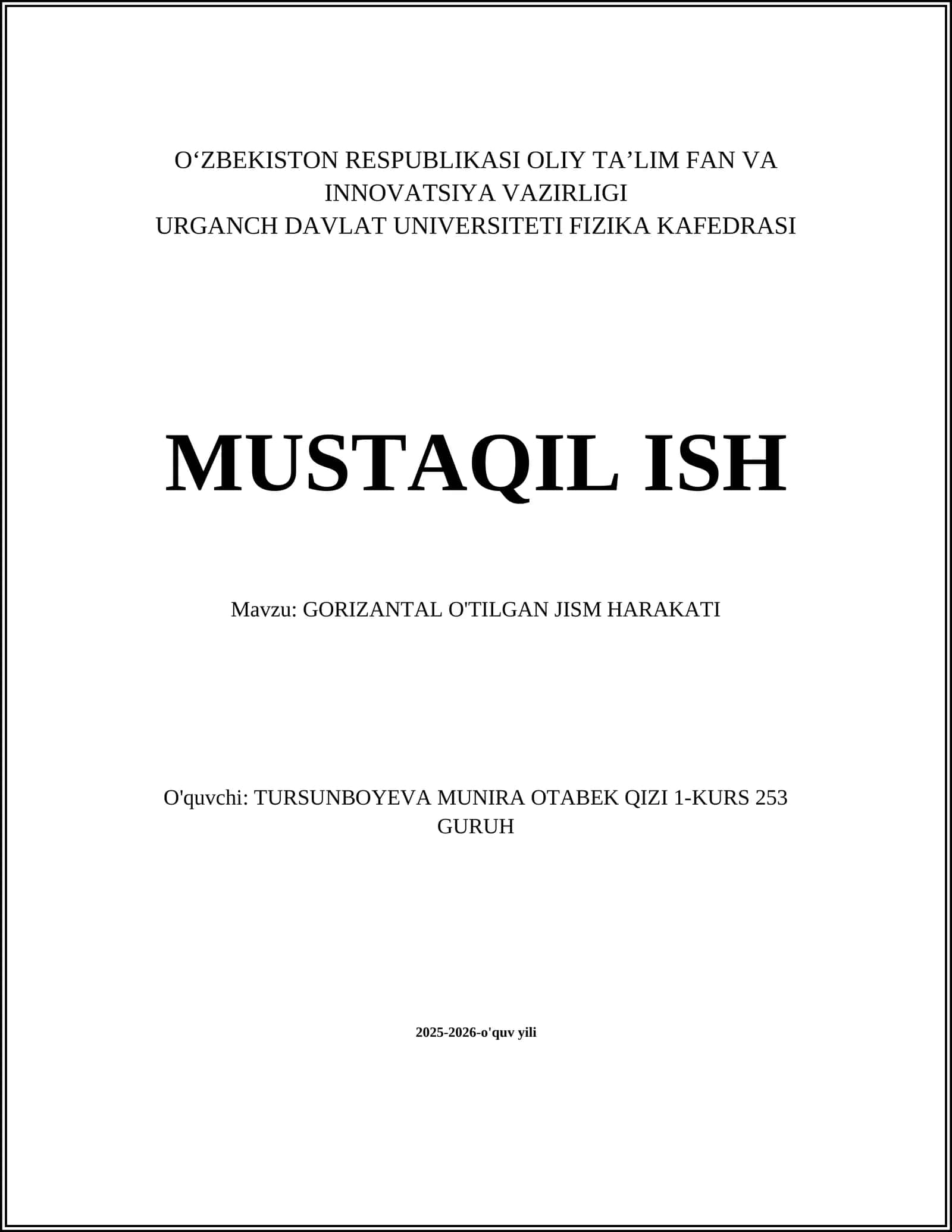GORIZONTAL O'TILGAN JISM HARAKATI 1