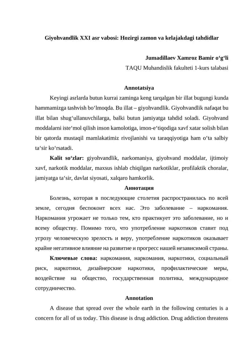 Giyohvandlik XXI asr vabosi: Hozirgi zamon va kelajakdagi tahdidlar 1
