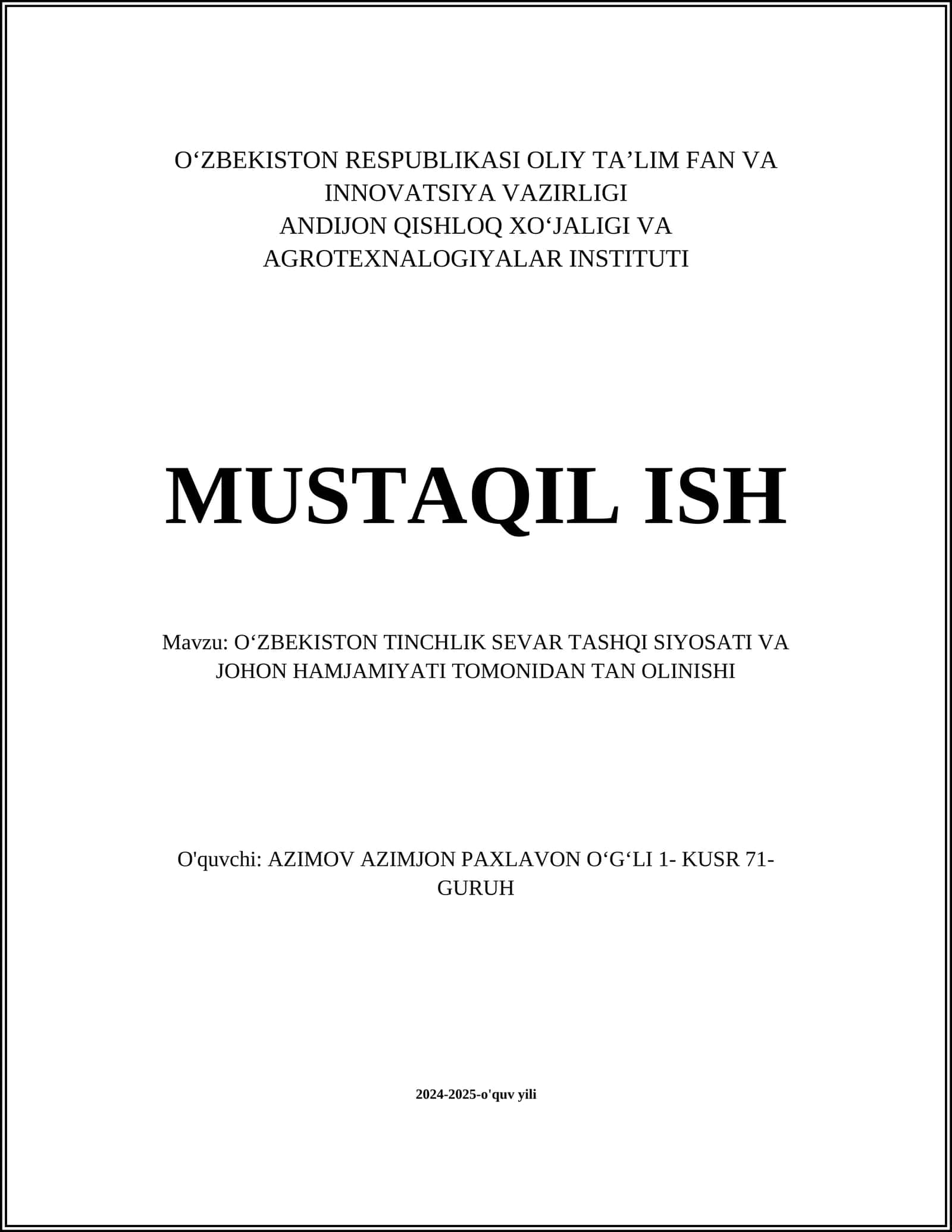 O‘zbekiston Tinchlik Sevar Tashqi Siyosati va Johon Hamjamiyatidan Tan Olinishi 1