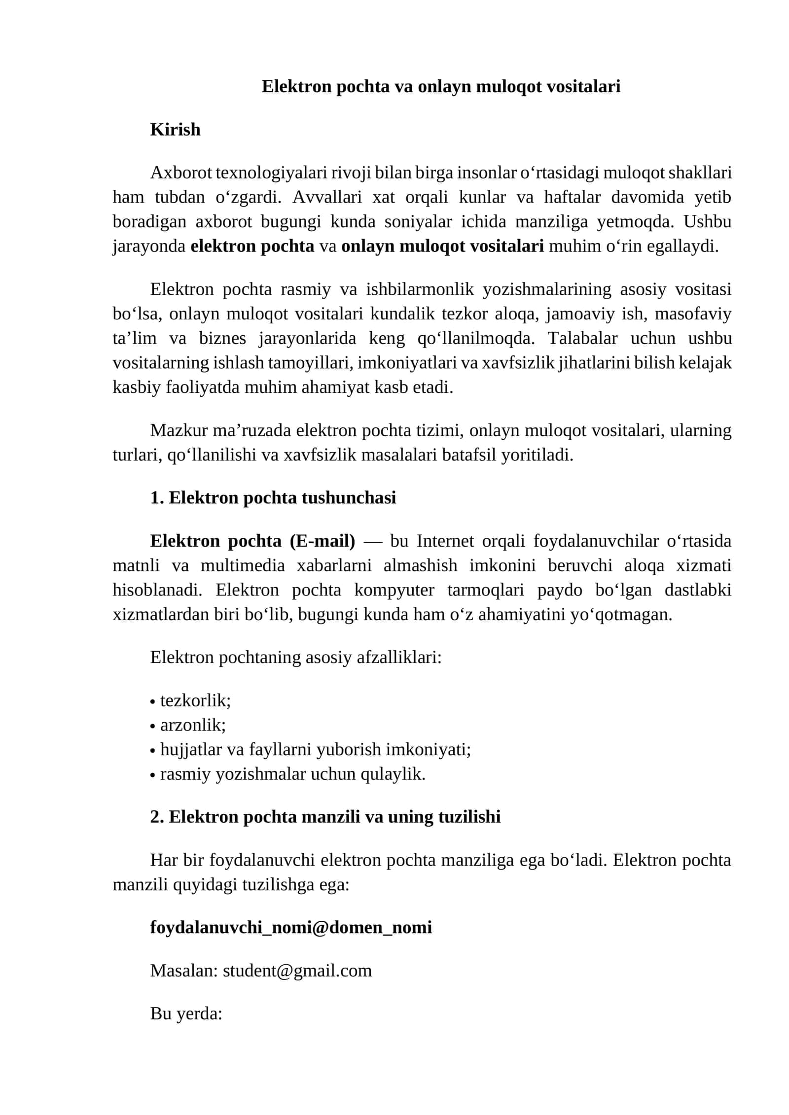 Elektron pochta va onlayn muloqot vositalari 1