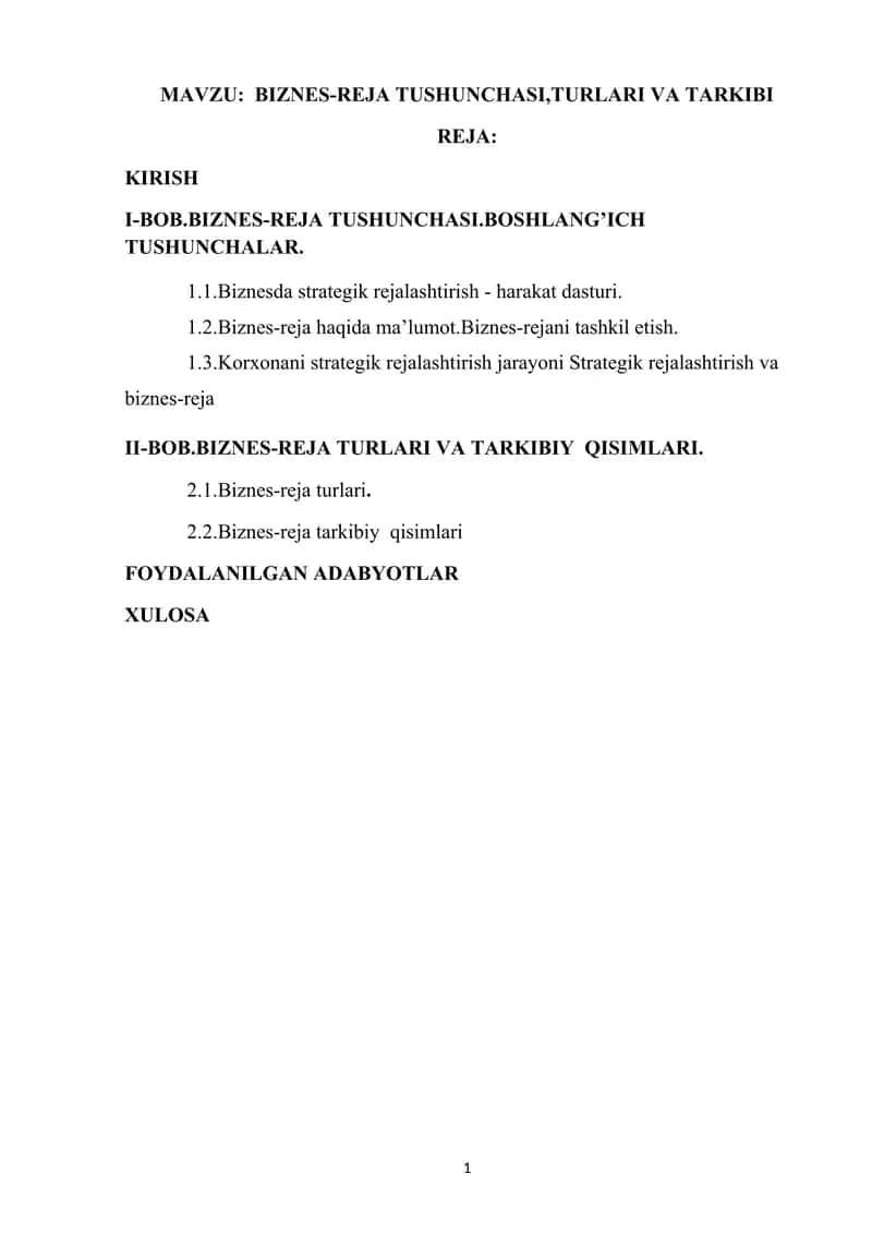 Biznes-reja tushunchasi, turlari va tarkibi 1