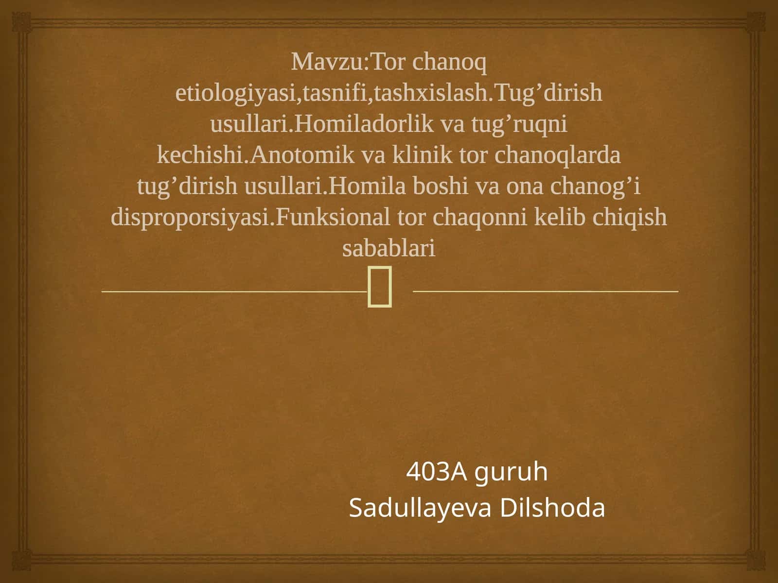 Tor chanoq etiologiyasi,tasnifi,tashxislash.Tug’dirish usullari.Homiladorlik va tug’ruqni kechishi.Anotomik va klinik tor chanoqlarda tug’dirish usullari.Homila boshi va ona chanog’i disproporsiyasi.Funksional tor chaqonni kelib chiqish 1