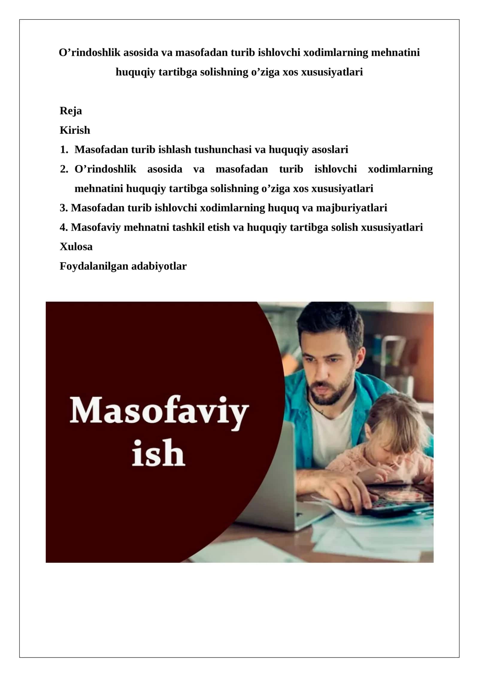 Masofadan turib ishlovchi xodimlarning huquq va majburiyatlari 1