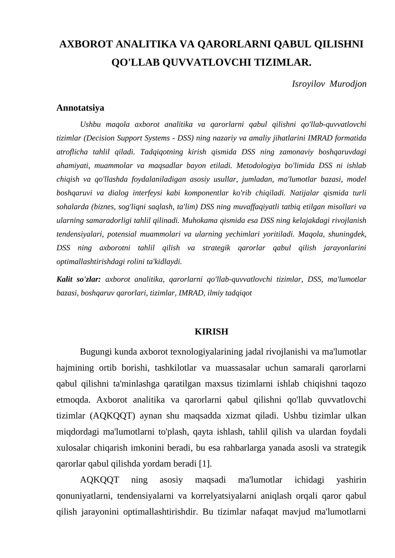 AXBOROT ANALITIKA VA QARORLARNI QABUL QILISHNI QO'LLAB QUVVATLOVCHI TIZIMLAR 1