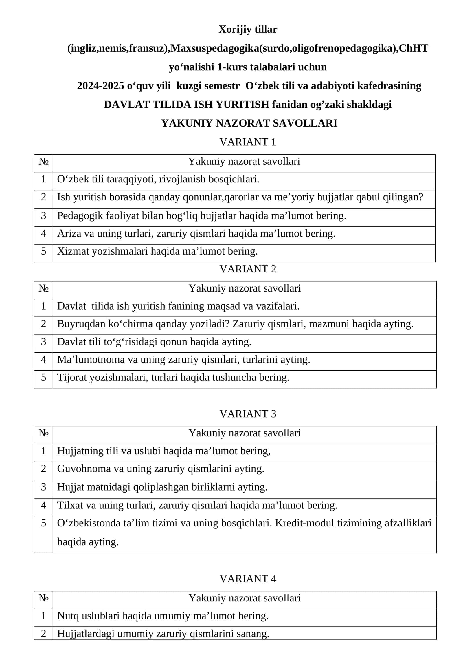 DAVLAT TILIDA ISH YURITISH fanidan og’zaki shakldagi YAKUNIY NAZORAT SAVOLLARI 1