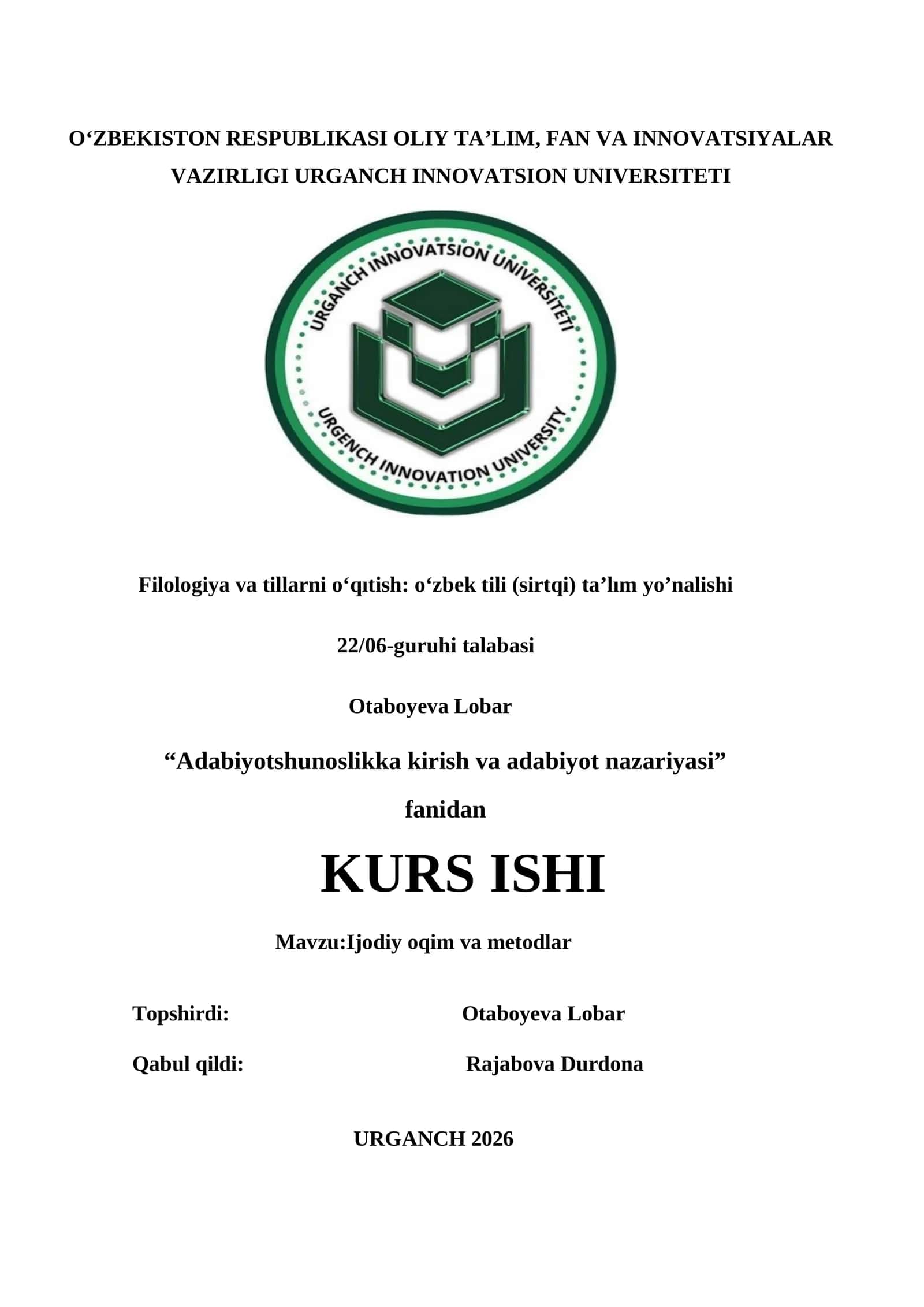 Filologiya va tillarni o‘qıtish: o‘zbek tili (sirtqi) ta’lım yo’nalishi 1