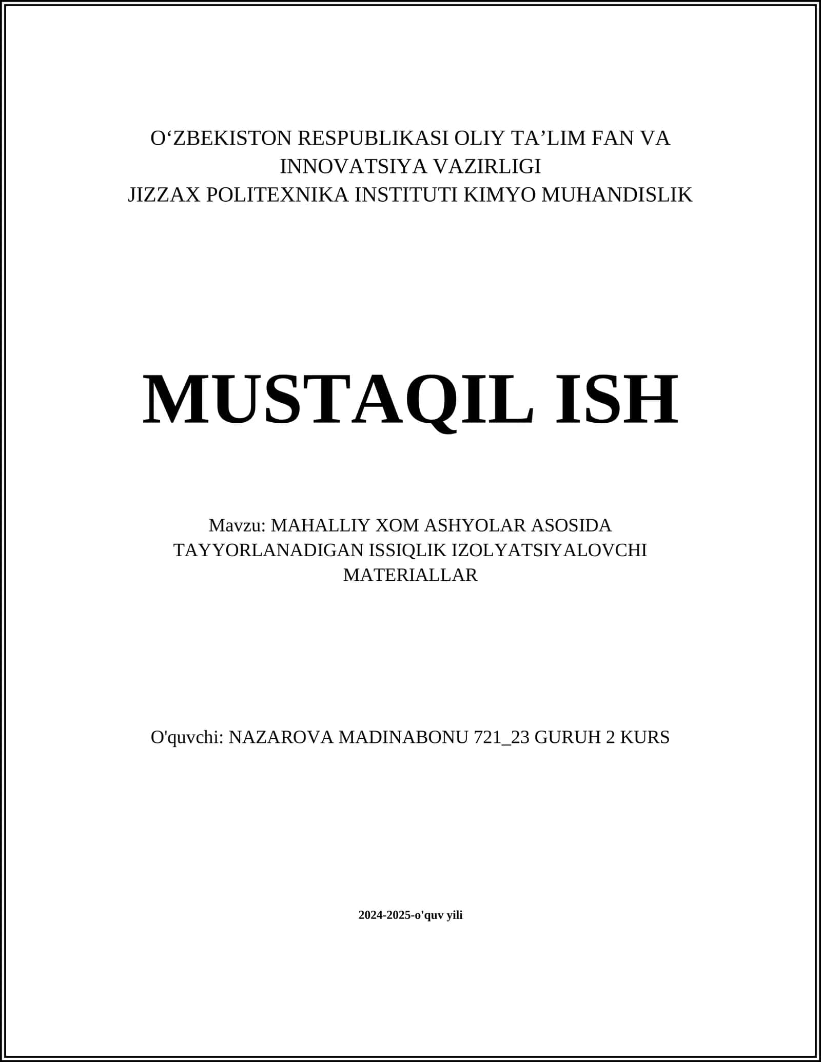 MAHALLIY XOM ASHYOLAR ASOSIDA TAYYORLANADIGAN ISSIQLIK IZOLYATSIYALOVCHI MATERIALLAR 1
