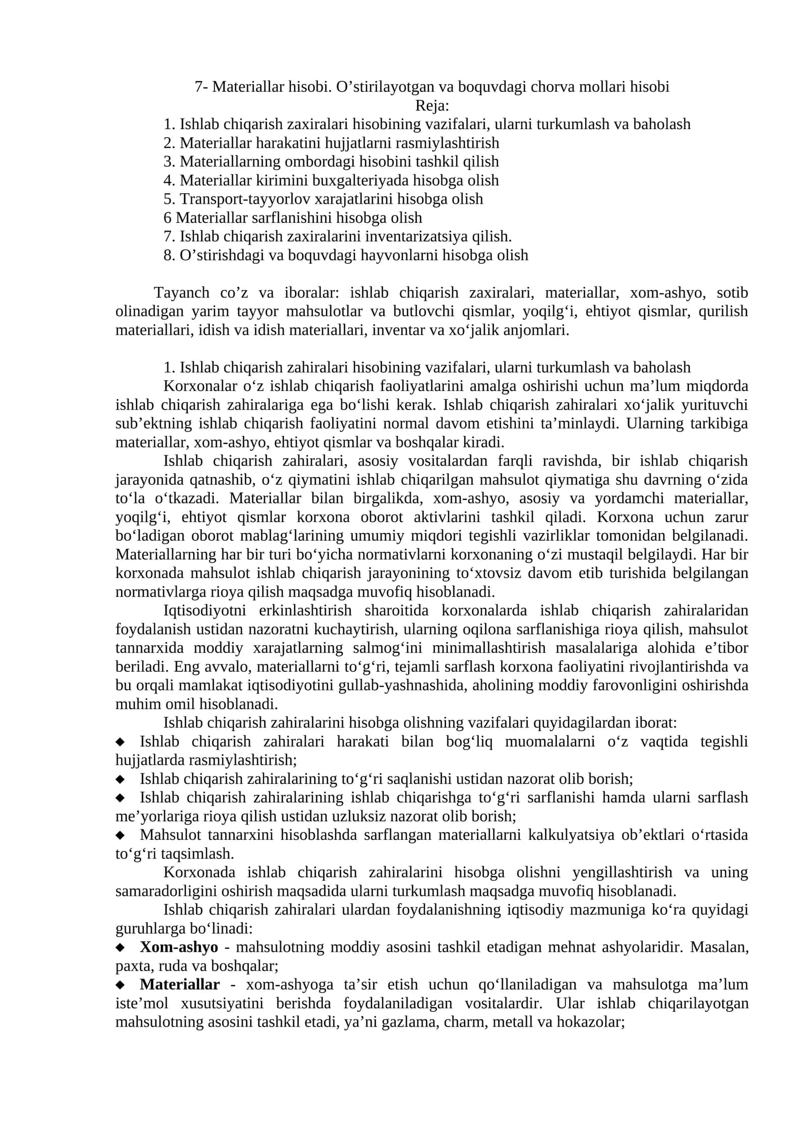 Materiallar hisobi. O’stirilayotgan va boquvdagi chorva mollari hisobi 1
