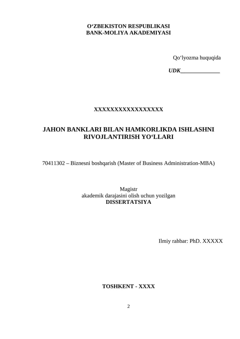 Dissertatsiya. Jahon banklari mavzusiga 1
