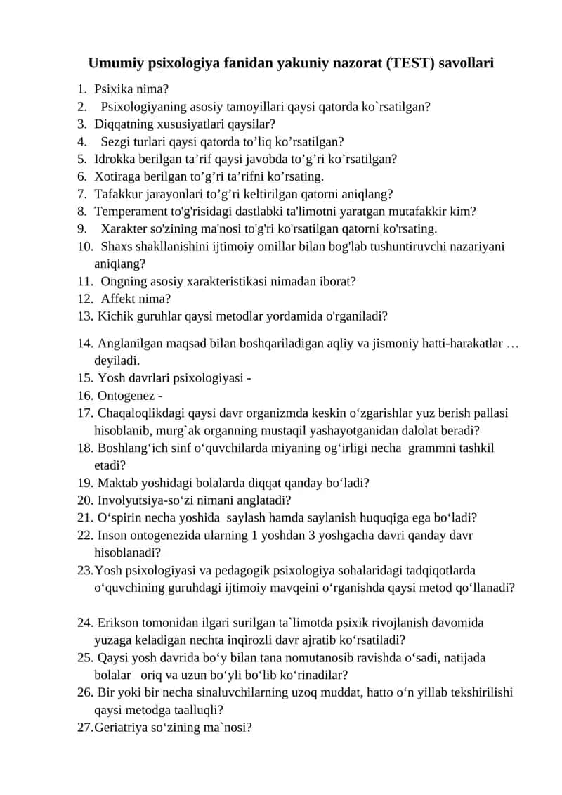 Umumiy psixologiya fanidan yakuniy nazorat (TEST) savollari 1