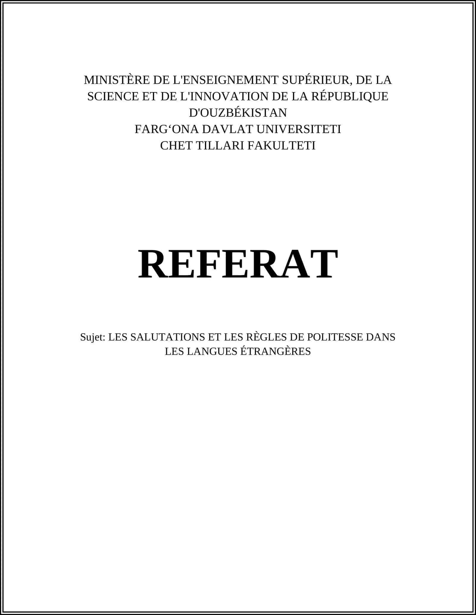 REFERAT: LES SALUTATIONS ET LES RÈGLES DE POLITESSE DANS LES LANGUES ÉTRANGÈRES 1