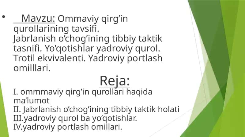 Jabrlanish o’chog’ining tibbiy taktik tasnifi. Yo’qotishlar yadroviy qurol. Trotil ekvivalenti. Yadroviy portlash omilllari. 1