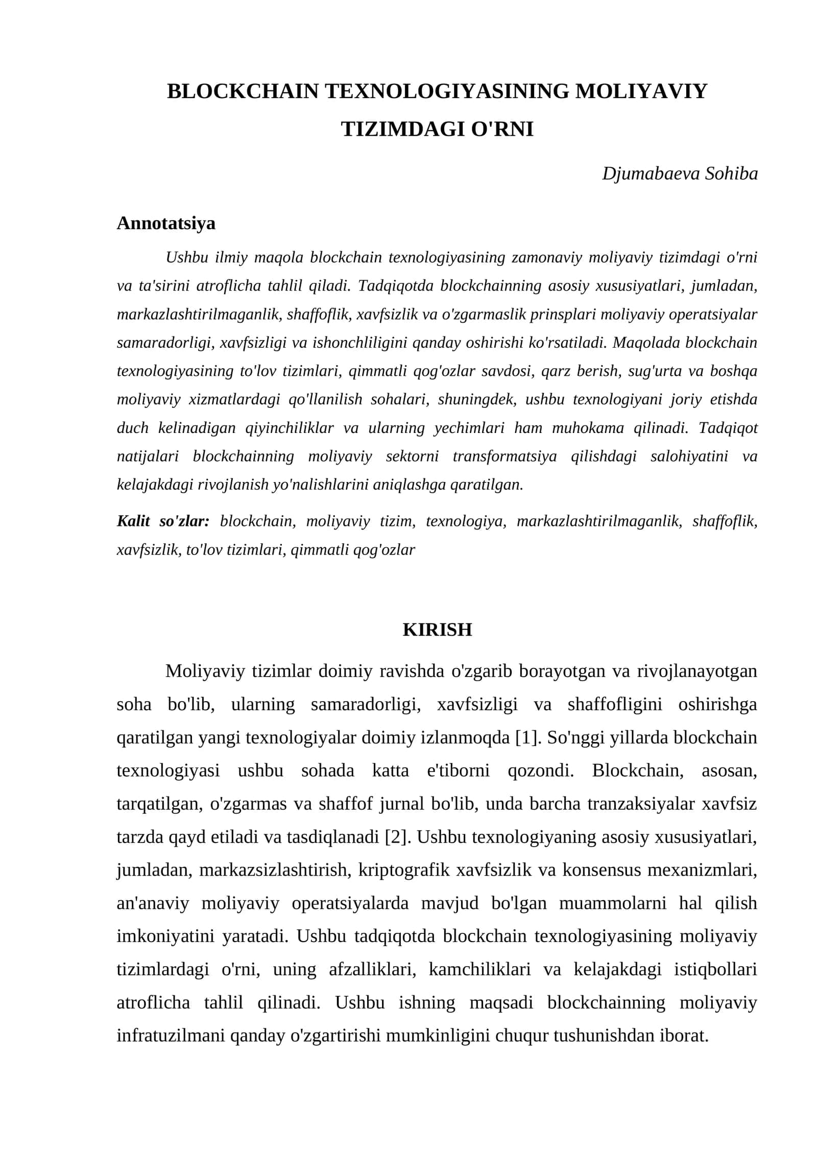BLOCKCHAIN TEXNOLOGIYASINING MOLIYAVIY TIZIMDAGI O'RNI 1