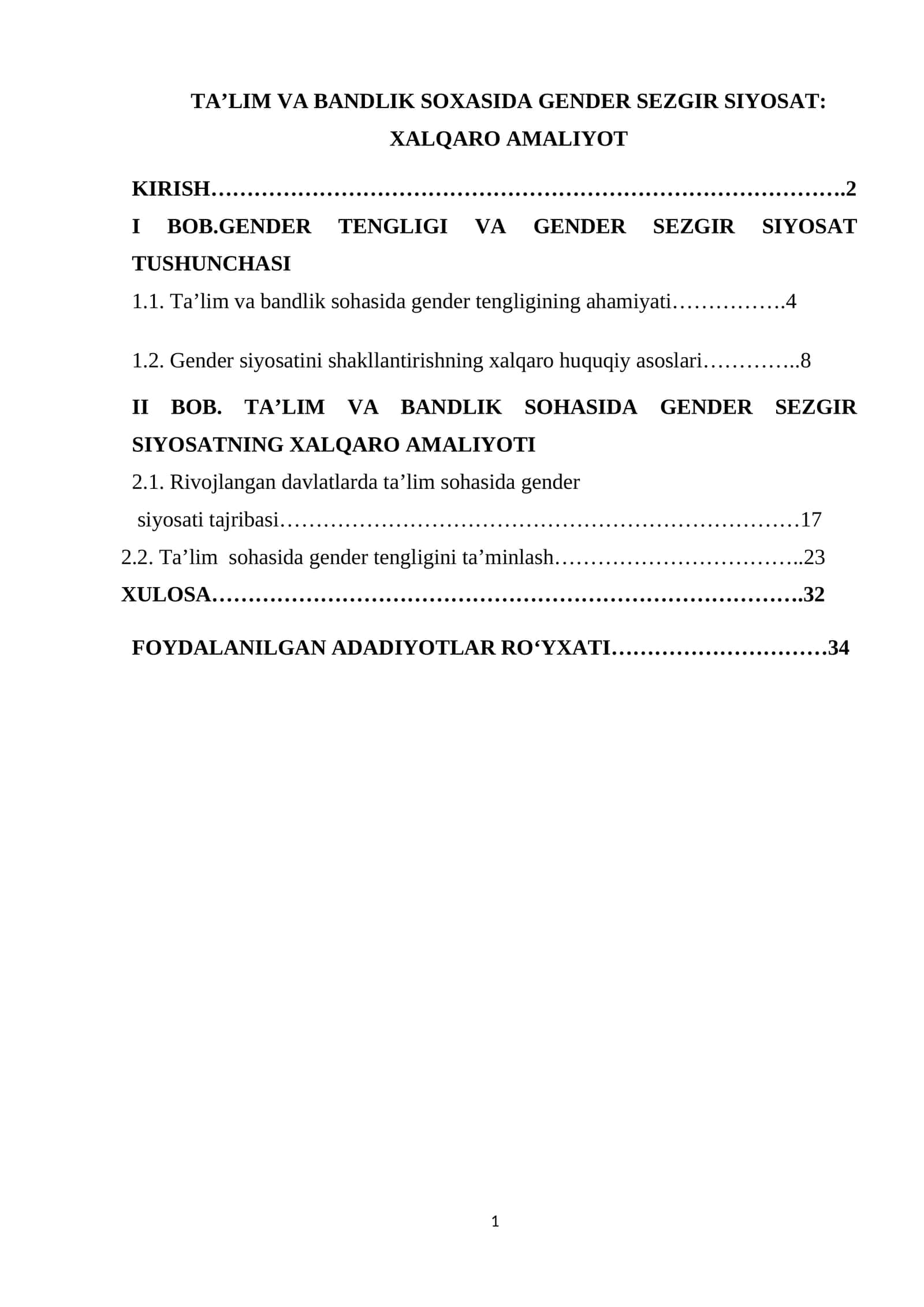 TA’LIM VA BANDLIK SOXASIDA GENDER SEZGIR SIYOSAT: XALQARO AMALIYOT 1